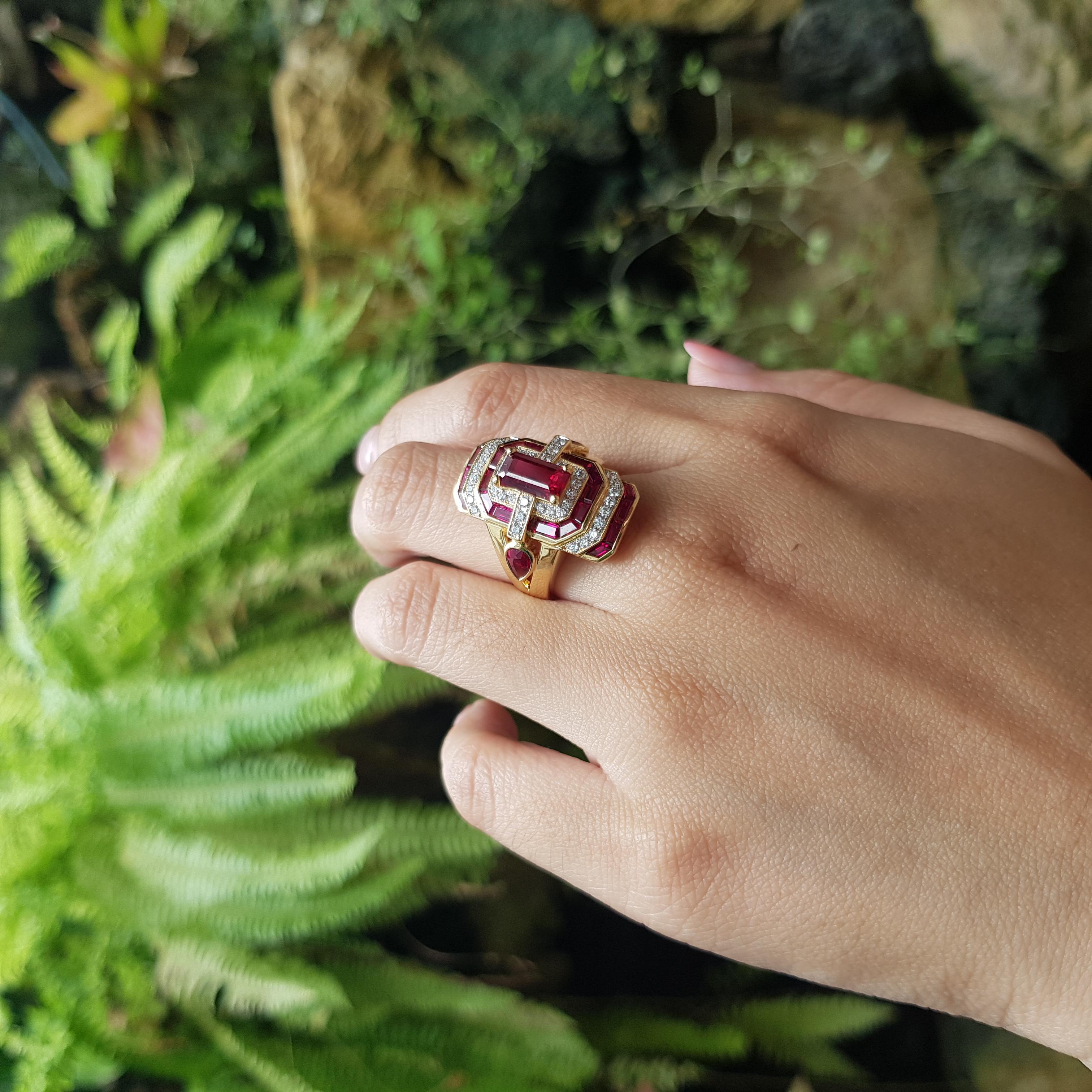 Emerald Cut Ruby and Diamond Ring set in 18K Gold Settings For Sale