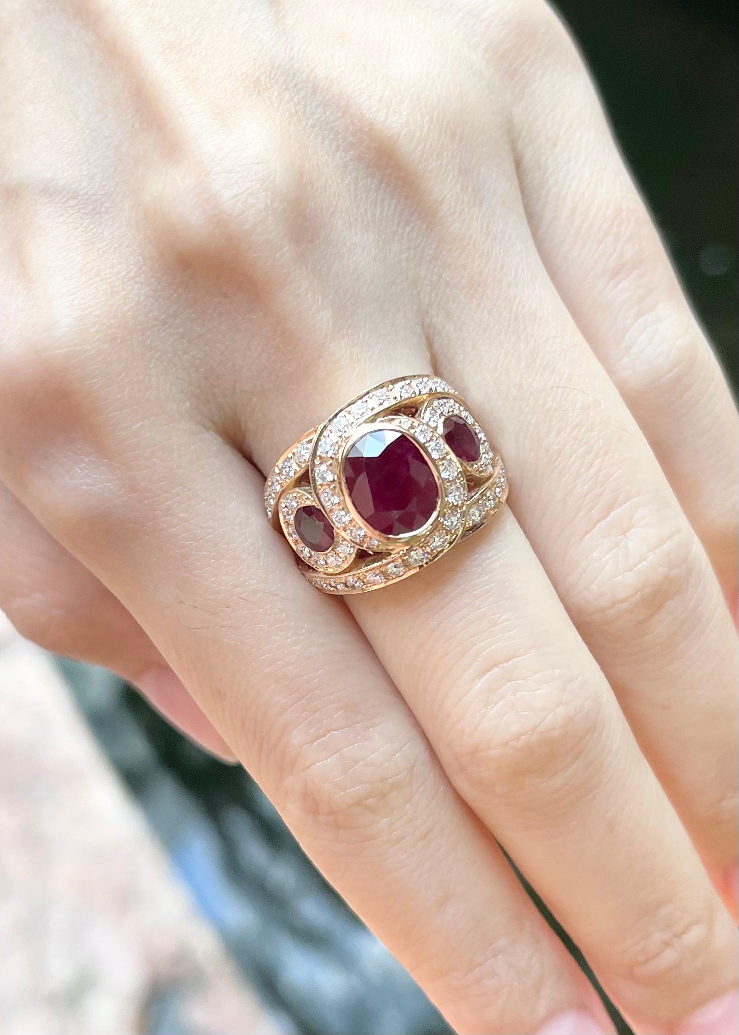 Mixed Cut Ruby and Diamond Ring set in 18K Rose Gold Settings For Sale