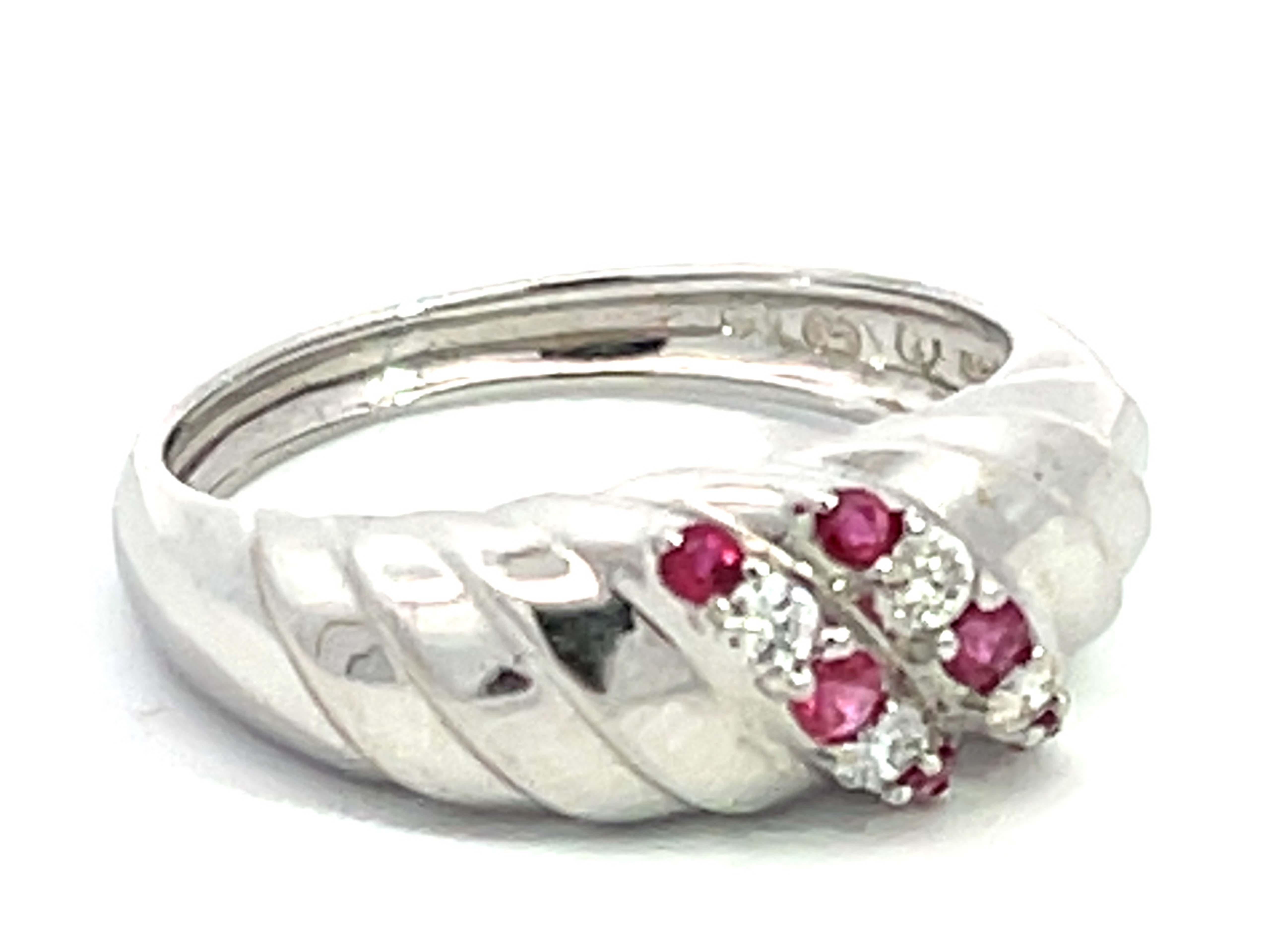 Modern Ruby and Diamond Ripple Band in 14k White Gold For Sale
