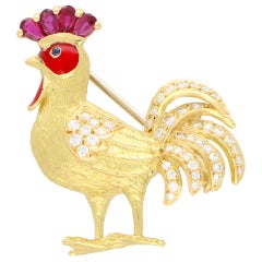 Ruby and Diamond Rooster Brooch Set in 18 Karat Yellow Gold