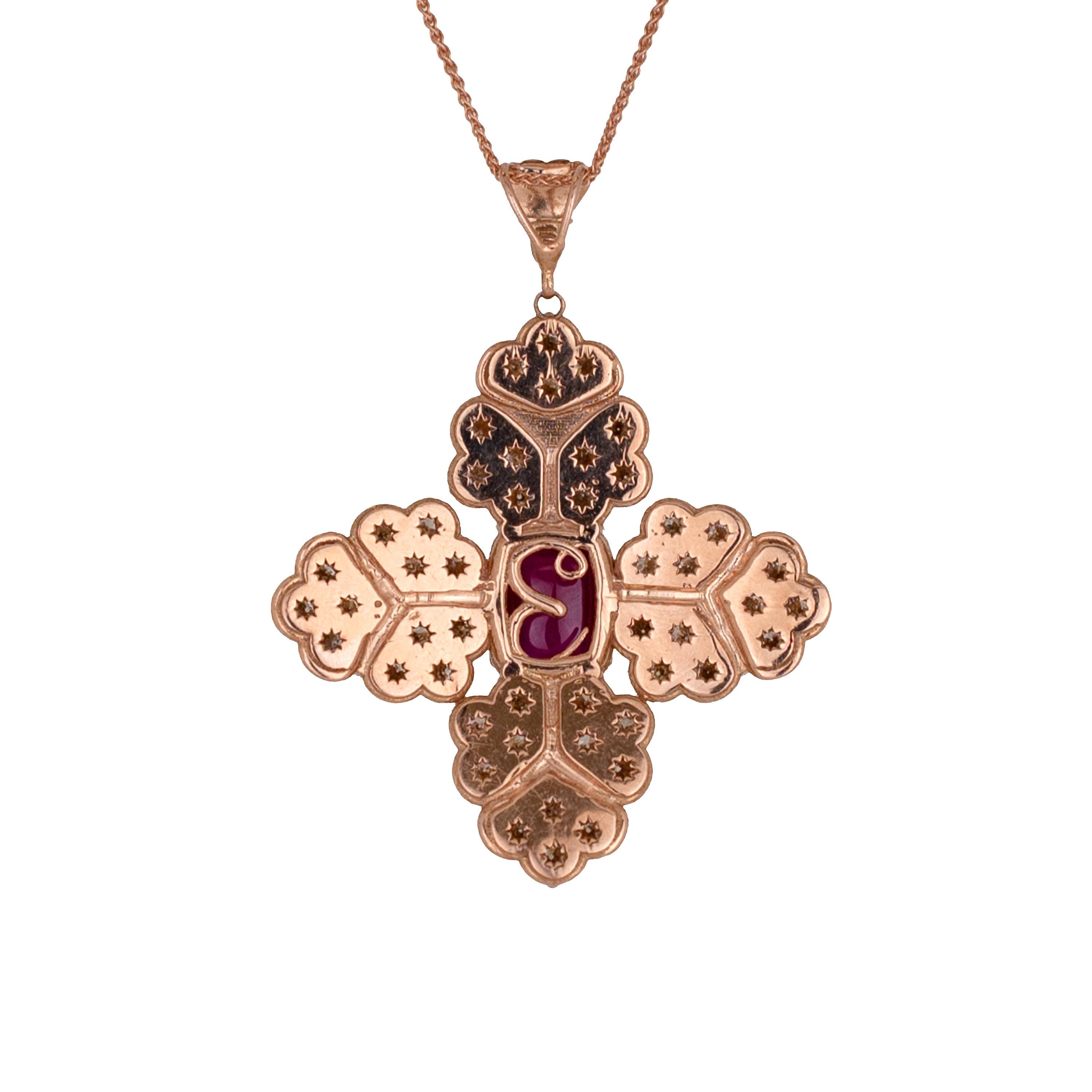 A wonderful display of artistry is shown in this classic vintage inspired pendant.  The center stone is a ruby sugarloaf cabochon that measures,  11.18 x 9.14 x 7.26mm, the center stone has rich red color and is eye clean.  The center stone is