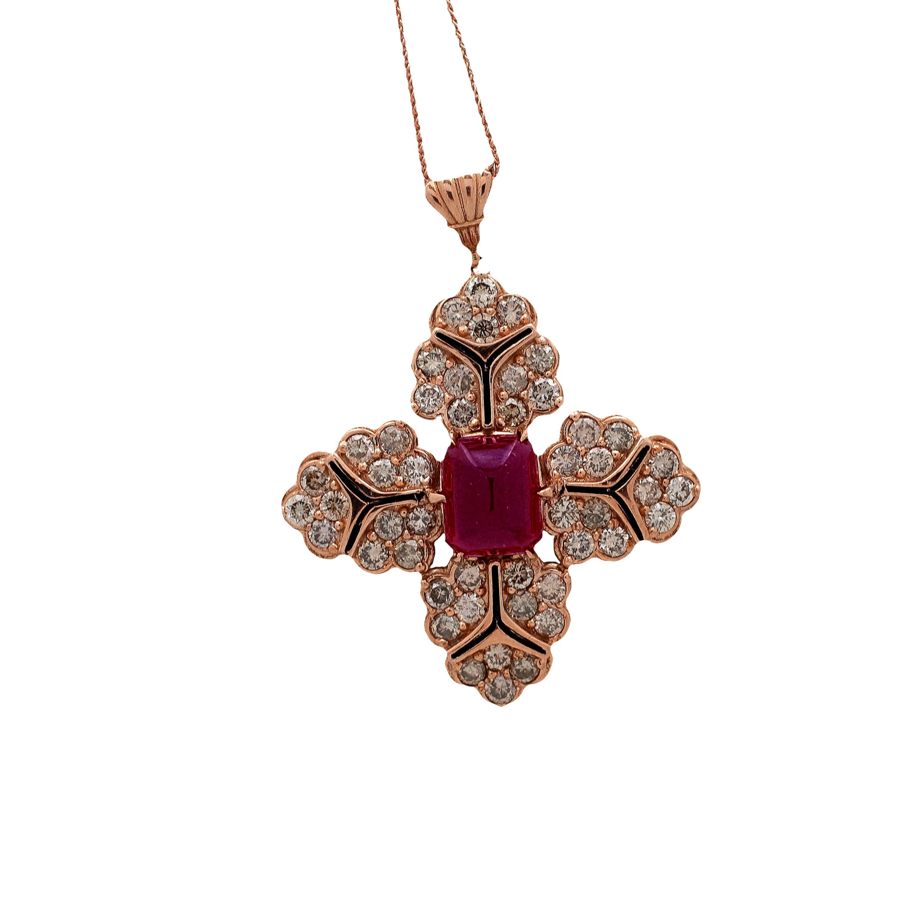 Art Deco Ruby and Diamond Rose Gold Enamel Pendant