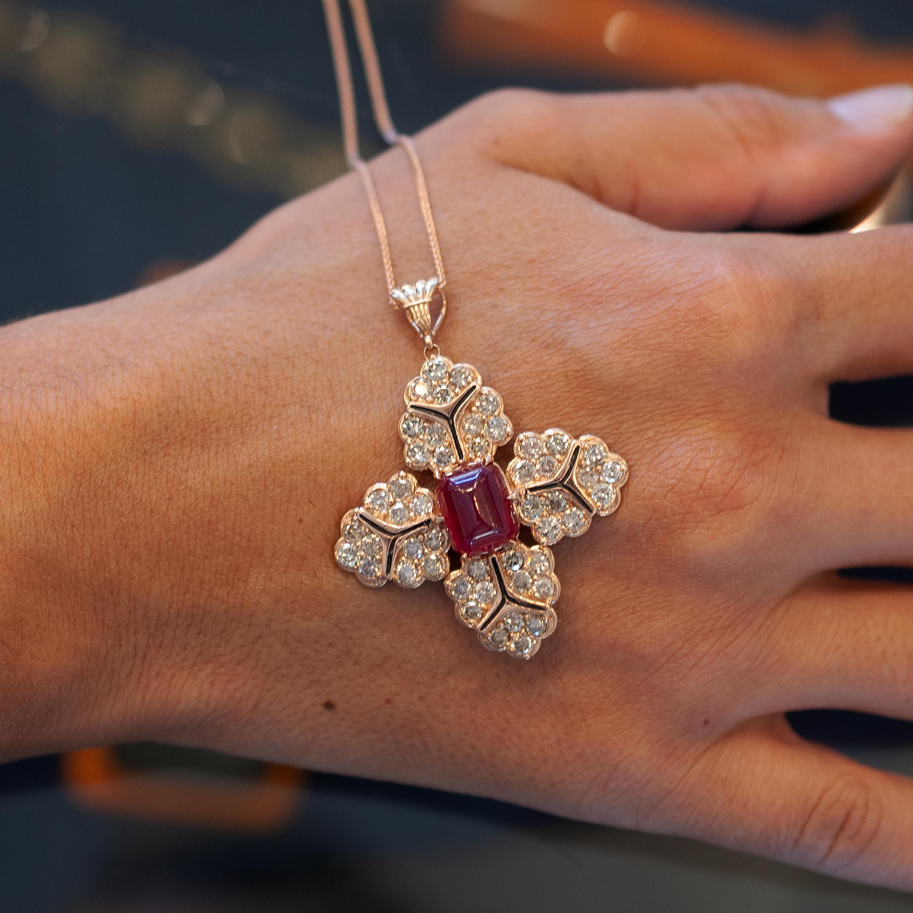 Round Cut Ruby and Diamond Rose Gold Enamel Pendant