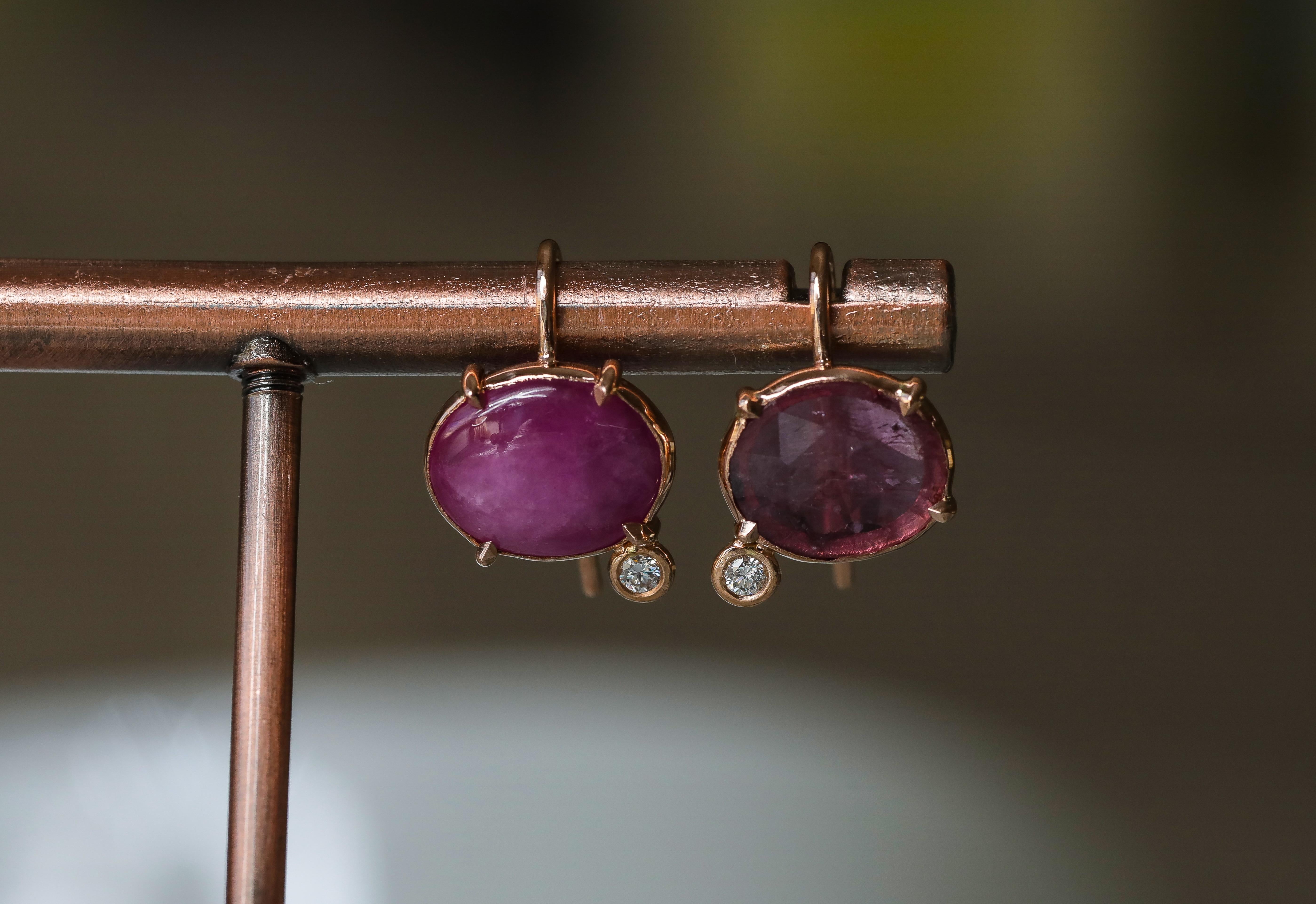 Contemporary Ruby and Diamond Rose Gold Hook Earrings For Sale