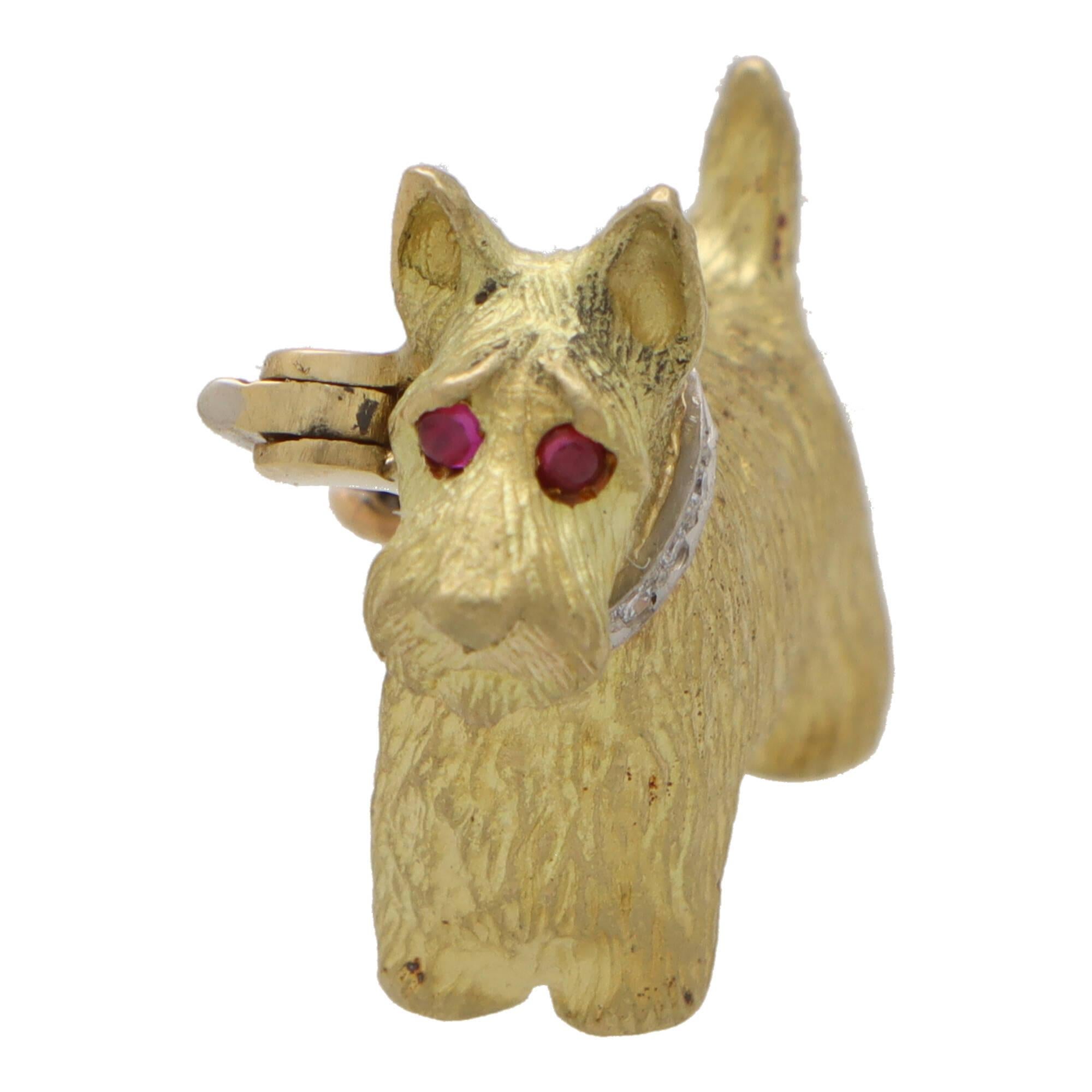 Round Cut Ruby and Diamond Scottish Terrier Pin Brooch et in 18k Yellow Gold