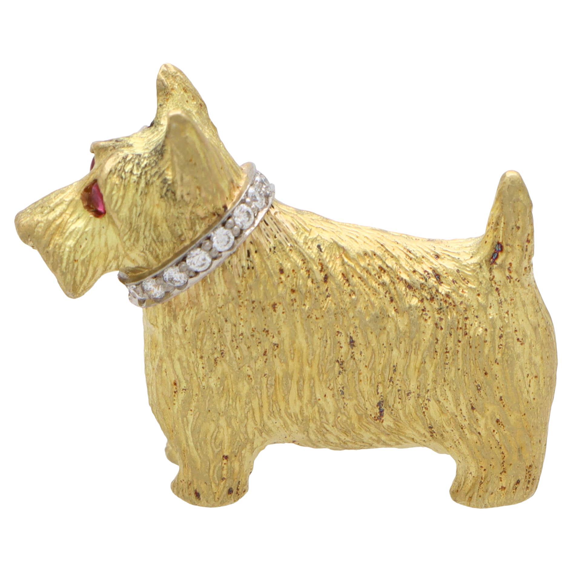 Ruby and Diamond Scottish Terrier Pin Brooch et in 18k Yellow Gold