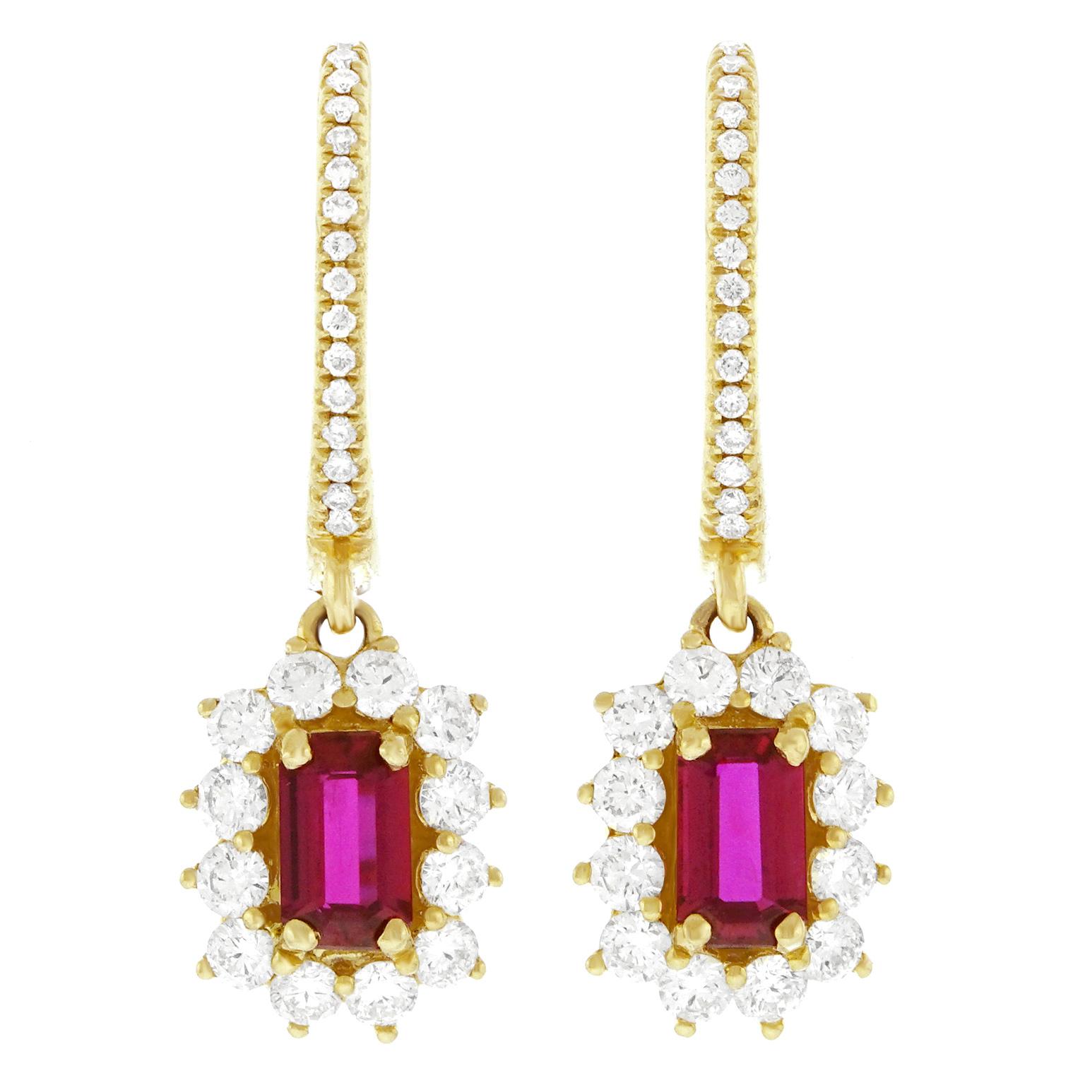 Ruby and Diamond Set Gold Drop Earrings