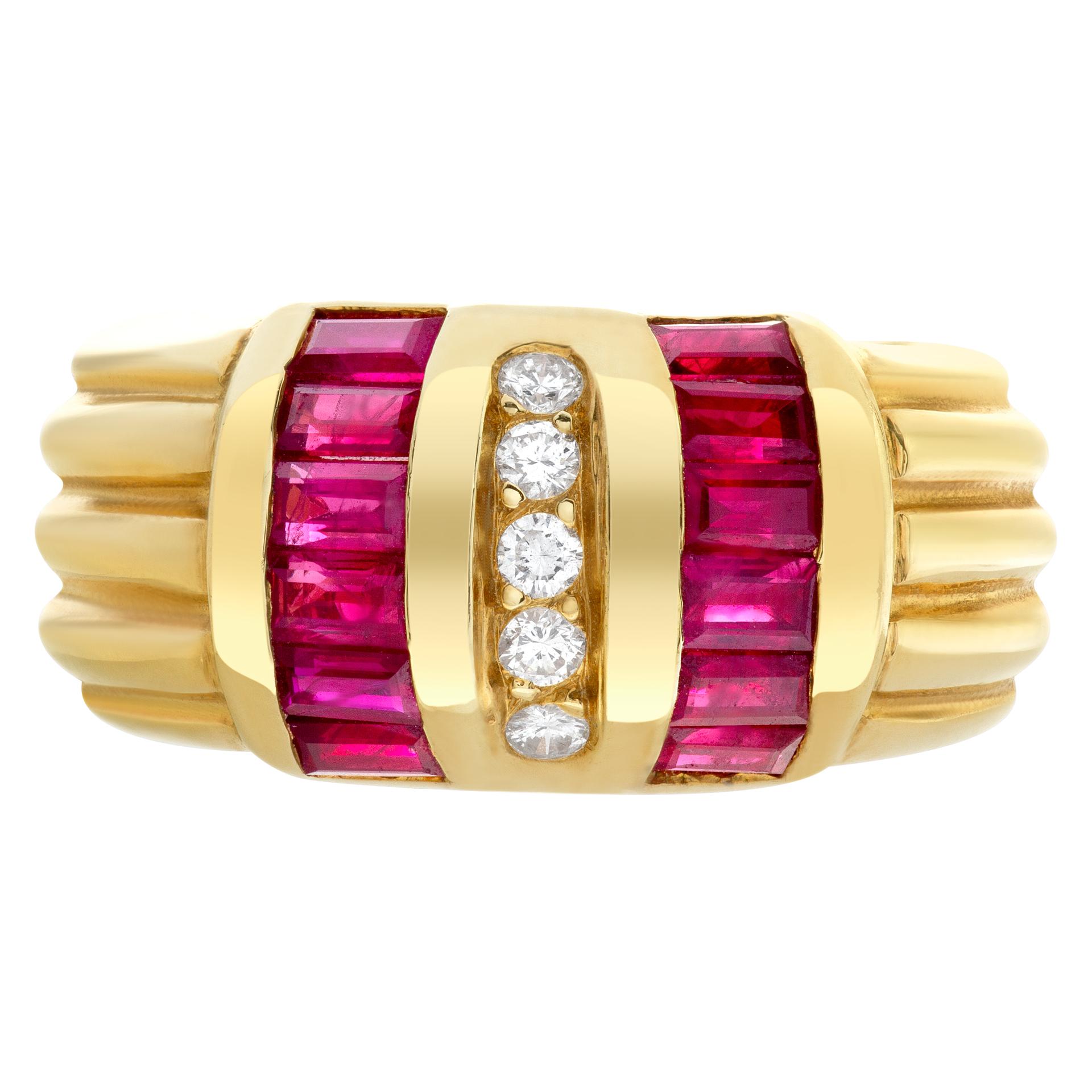 Ruby and Diamond set in 18k yellow gold ring. Approximately 1 carat calibrated retangular ruby & 0.15 carat full cut round brilliant diamonds. Diamond estimate: G-H color, VS clarity. Size 5.5.

This Diamond/Ruby ring is currently size 5.5 and some