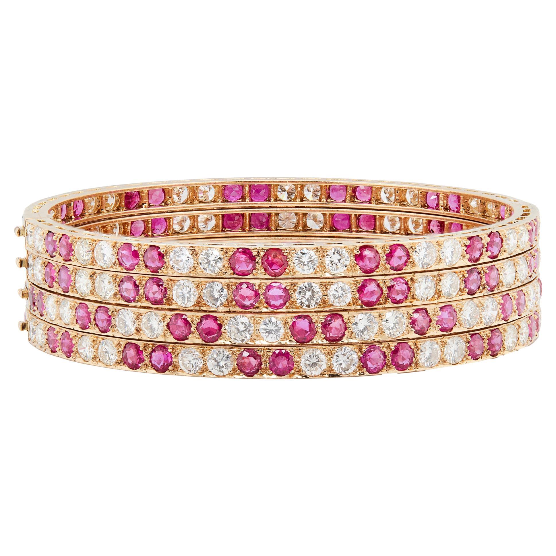 Ruby and Diamond Set of Four Round Bangle Bracelets in 18 Carat Yellow Gold For Sale