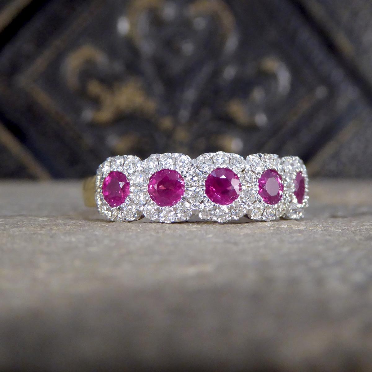 An extraordinary ring that combines opulence with intricate design. Crafted with unparalleled attention to detail, this ring features a sextuple cluster of vibrant rubies and dazzling diamonds, set in a harmonious blend of 18ct yellow and white