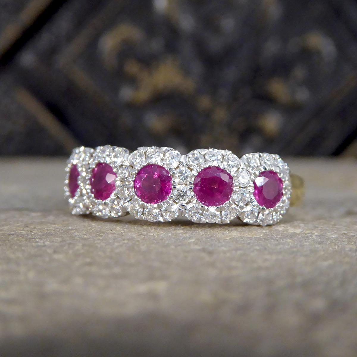 Round Cut Ruby and Diamond Sextuple Cluster Ring in 18ct Yellow and White Gold For Sale
