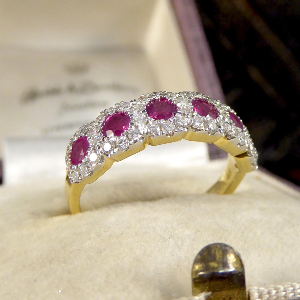 Ruby and Diamond Sextuple Cluster Ring in 18ct Yellow and White Gold For Sale 2