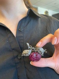 Ruby and Diamond Silver Apple Brooch