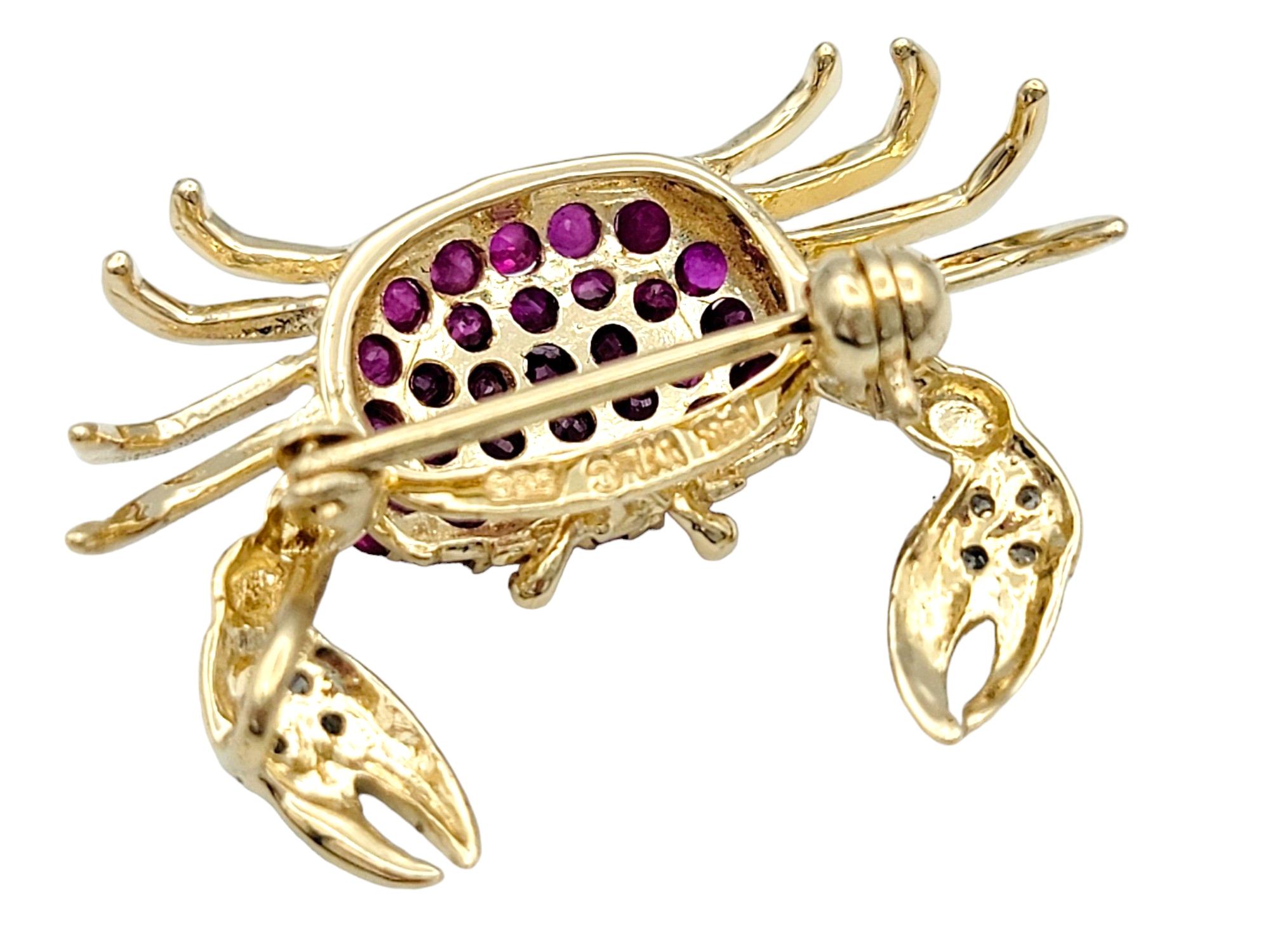 Contemporary Ruby and Diamond Small Crab Design Brooch / Pendant Set in 14 Karat Yellow Gold For Sale