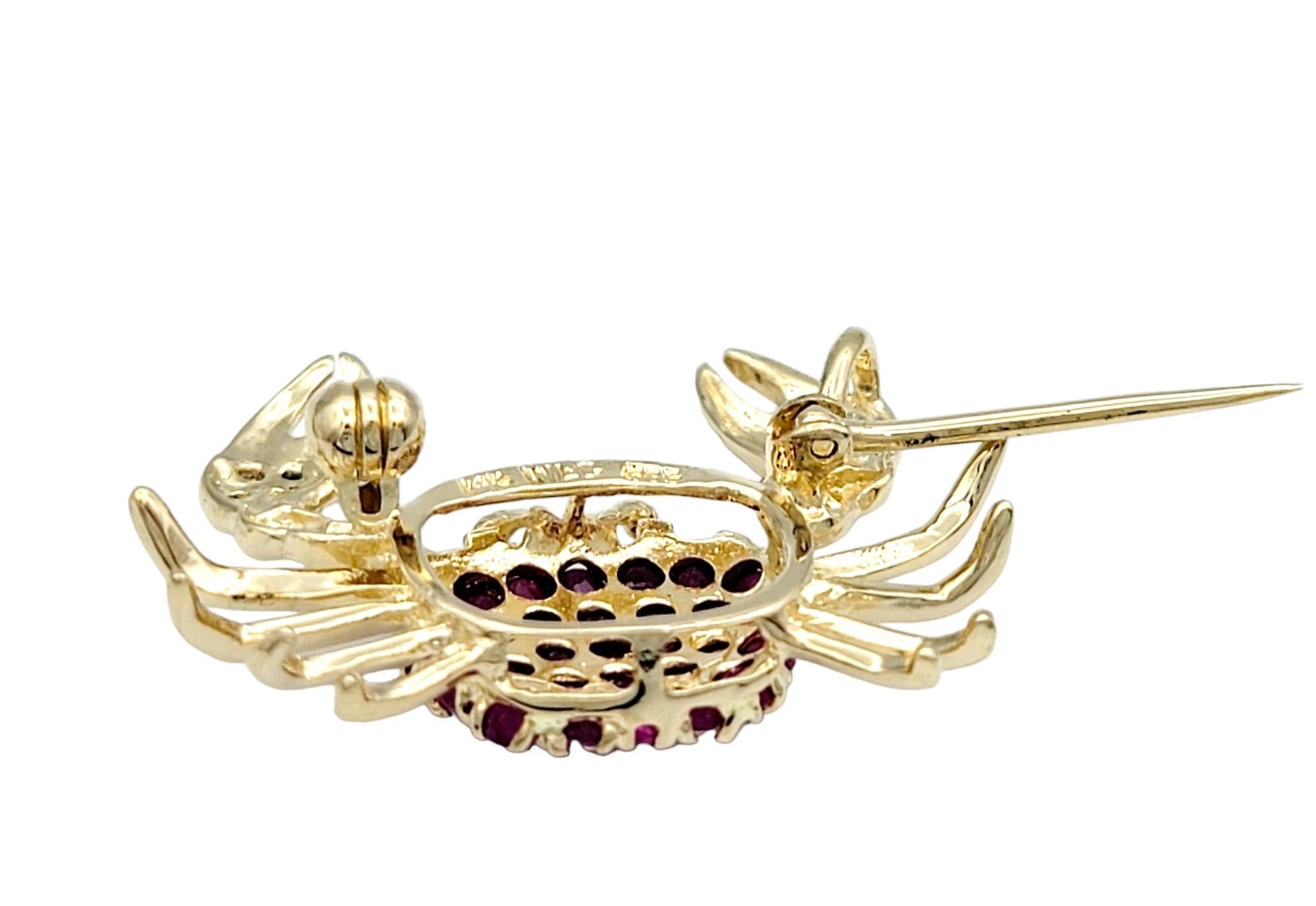 Round Cut Ruby and Diamond Small Crab Design Brooch / Pendant Set in 14 Karat Yellow Gold For Sale