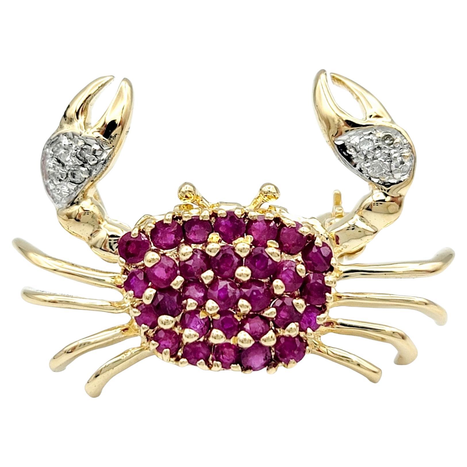 Ruby and Diamond Small Crab Design Brooch / Pendant Set in 14 Karat Yellow Gold For Sale