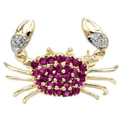 Vintage Ruby and Diamond Small Crab Design Brooch / Pendant Set in 14 Karat Yellow Gold