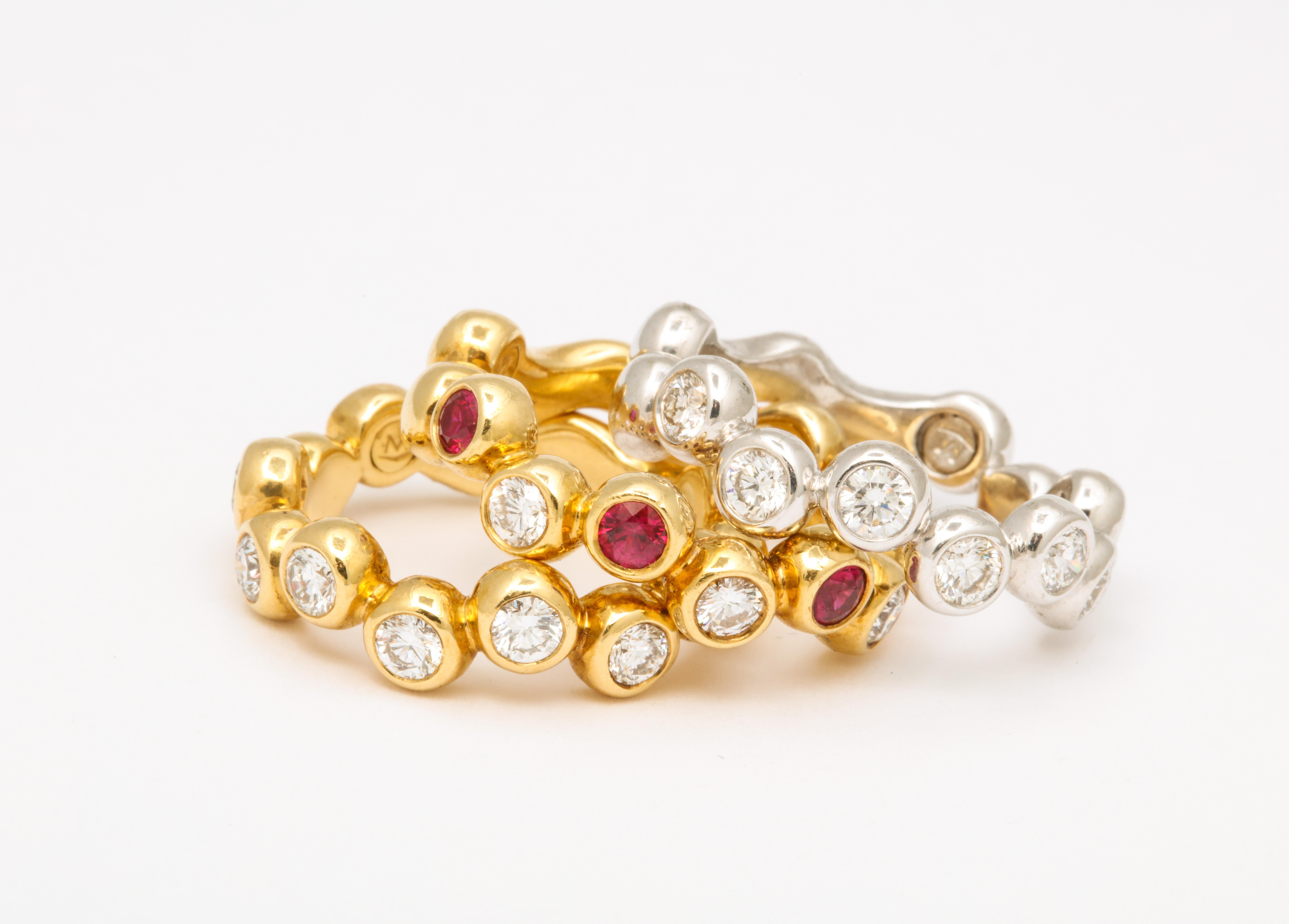 Round Cut Ruby and Diamond Stacking Bands Set For Sale