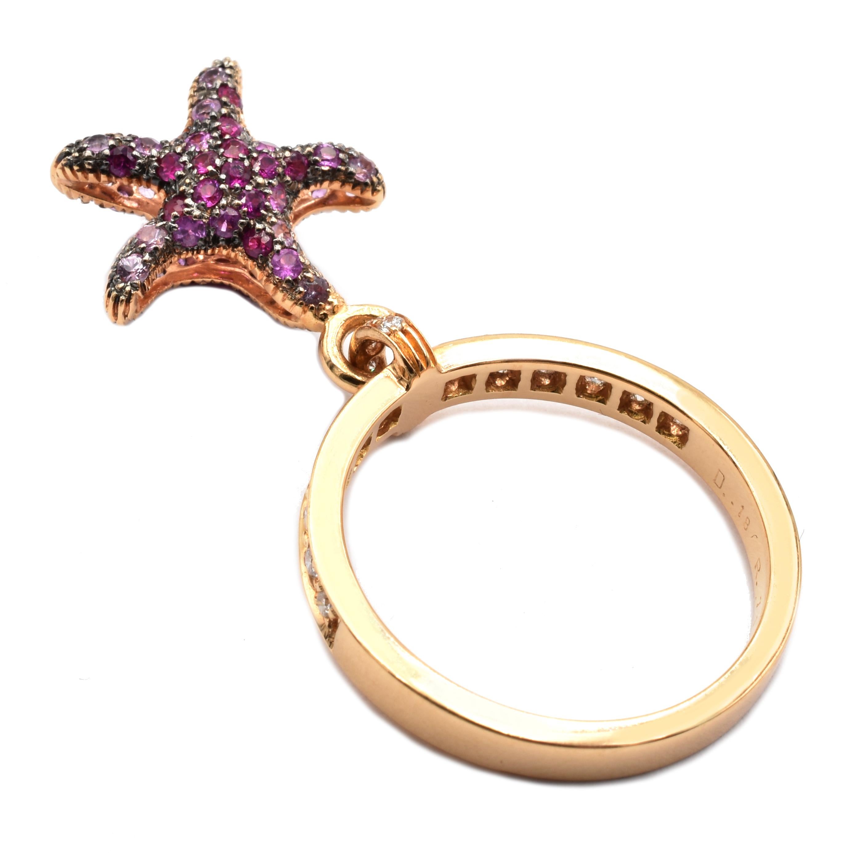 Contemporary Gilberto Cassola Ruby and Diamond Starfish Charm Rose Gold Ring Made in Italy For Sale