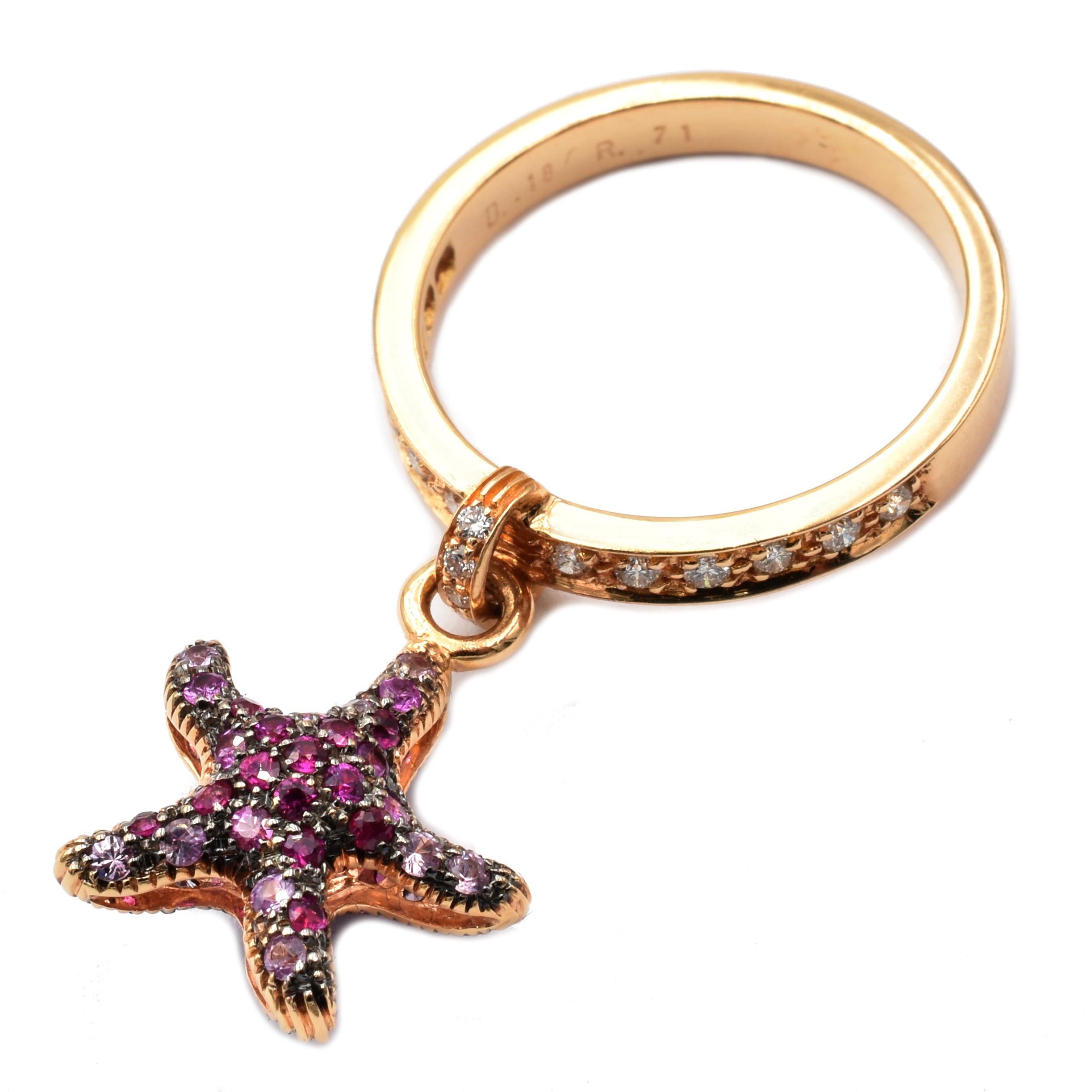 Round Cut Gilberto Cassola Ruby and Diamond Starfish Charm Rose Gold Ring Made in Italy For Sale