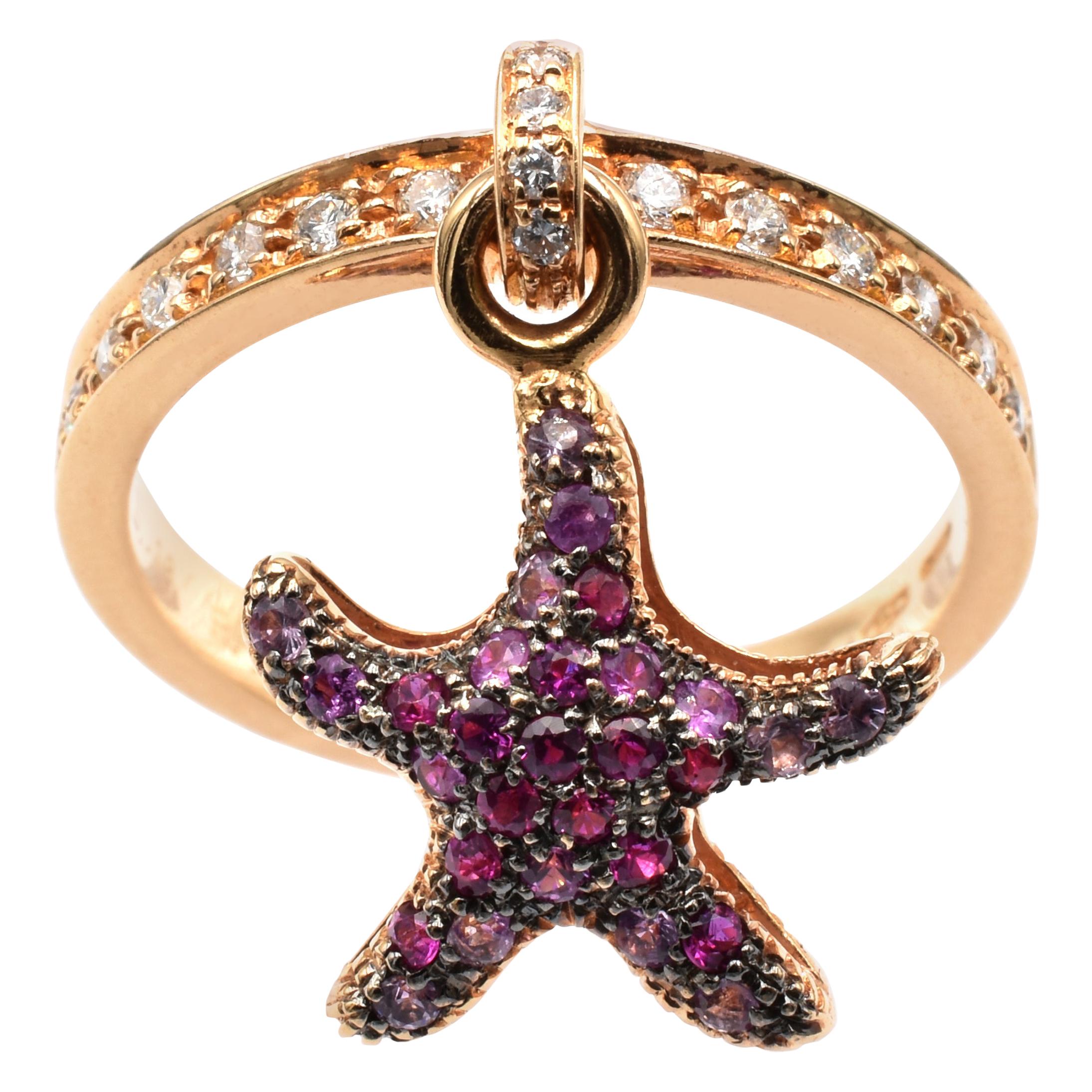 Gilberto Cassola Ruby and Diamond Starfish Charm Rose Gold Ring Made in Italy For Sale