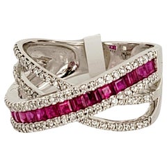 Bague fantaisie en or blanc 14 carats avec rubis et diamants, taille 6,75