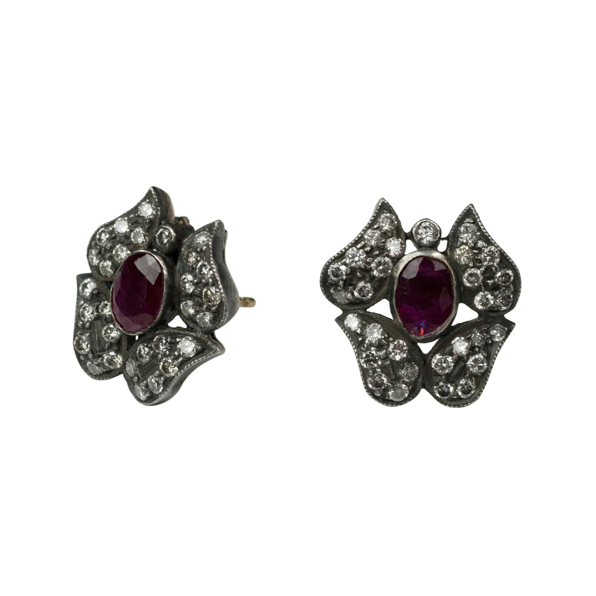 Ruby and Diamond Sterling Silver and 18 Karat Gold Flower Studs Suneera For Sale