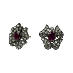 Ruby and Diamond Sterling Silver and 18 Karat Gold Flower Studs Suneera