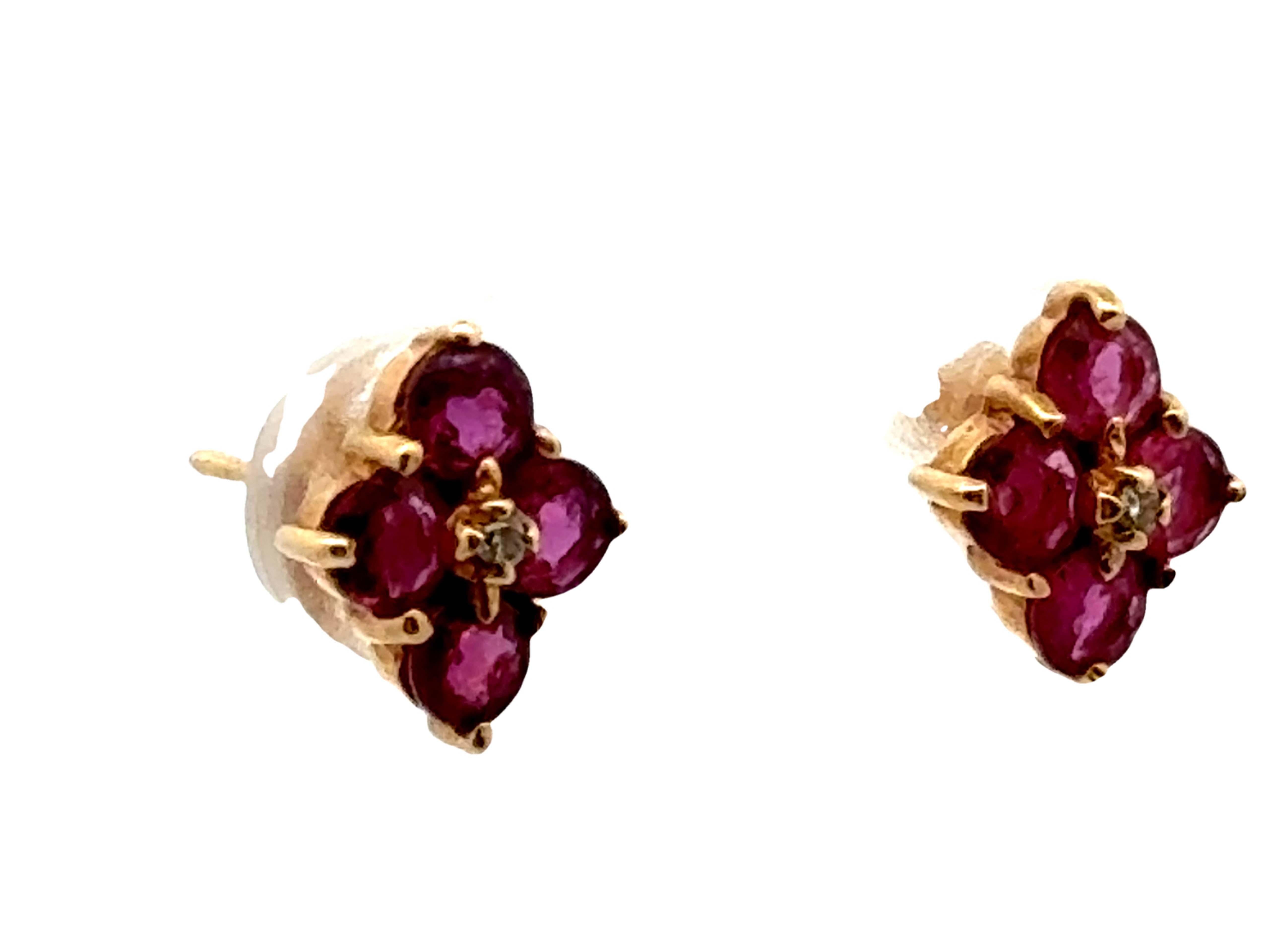 Modern Ruby and Diamond Stud Earrings 14k Yellow Gold For Sale