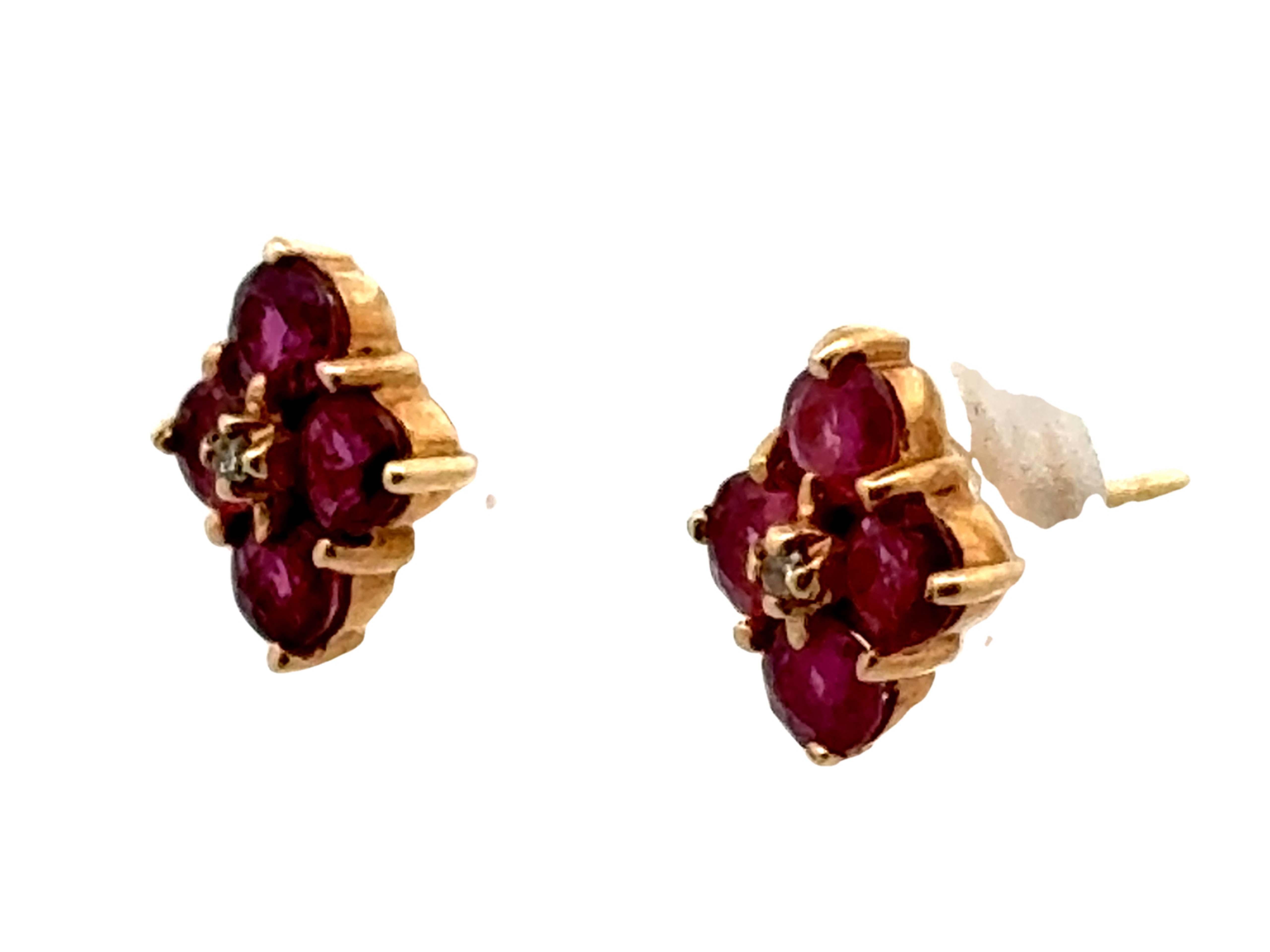 Round Cut Ruby and Diamond Stud Earrings 14k Yellow Gold For Sale