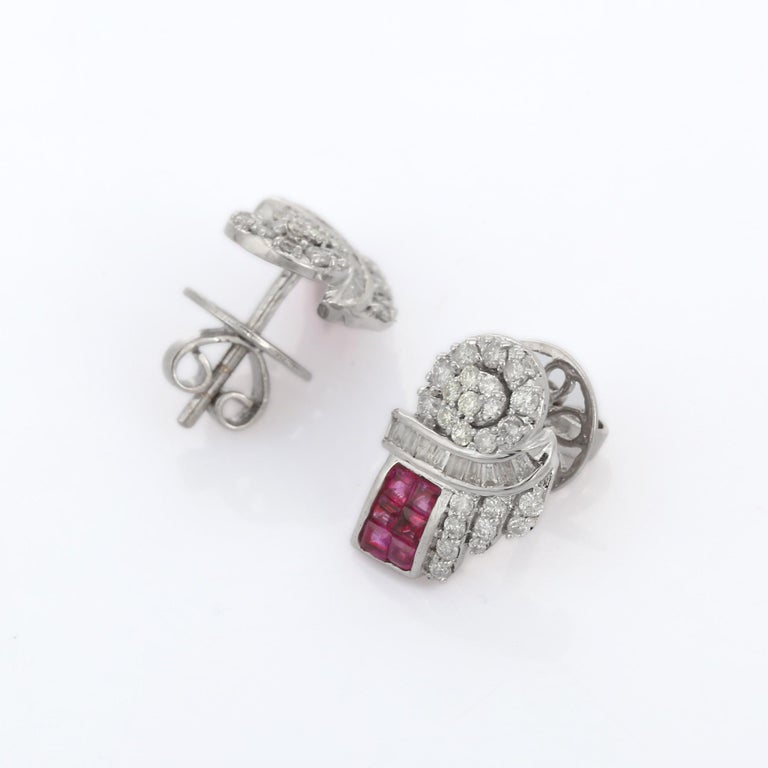 Studs create a subtle beauty while showcasing the colors of the natural precious gemstones and illuminating diamonds making a statement.

Square cut ruby studs in 14K gold. Embrace your look with these stunning pair of earrings suitable for any