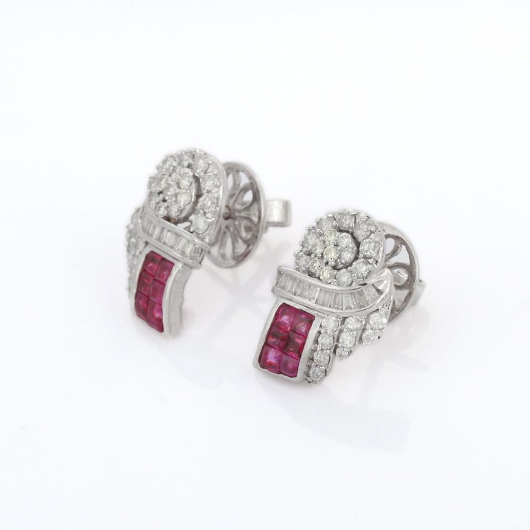 Artist Ruby and Diamond Stud Earrings in 14K Solid White Gold with Push Back Lock For Sale