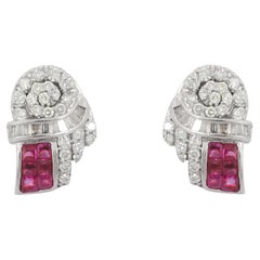 Ruby and Diamond Stud Earrings in 14K Solid White Gold with Push Back Lock
