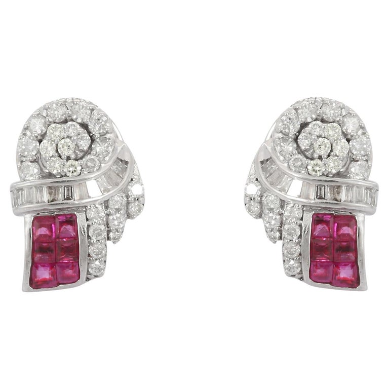 Ruby and Diamond Stud Earrings in 14K Solid White Gold with Push Back Lock For Sale