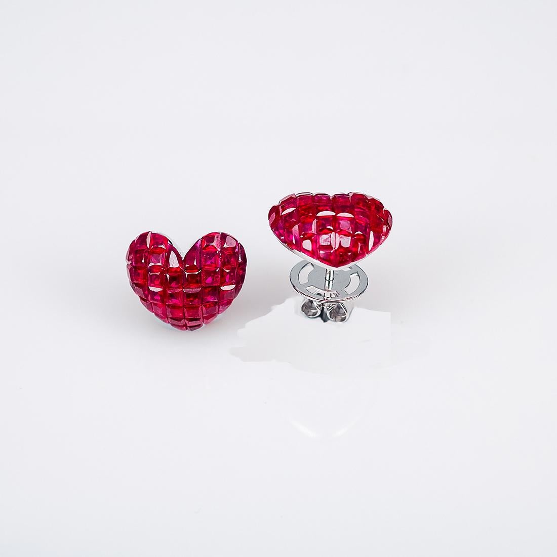 Round Cut Ruby and Diamond Stud Earrings in 18 Karat White Gold For Sale