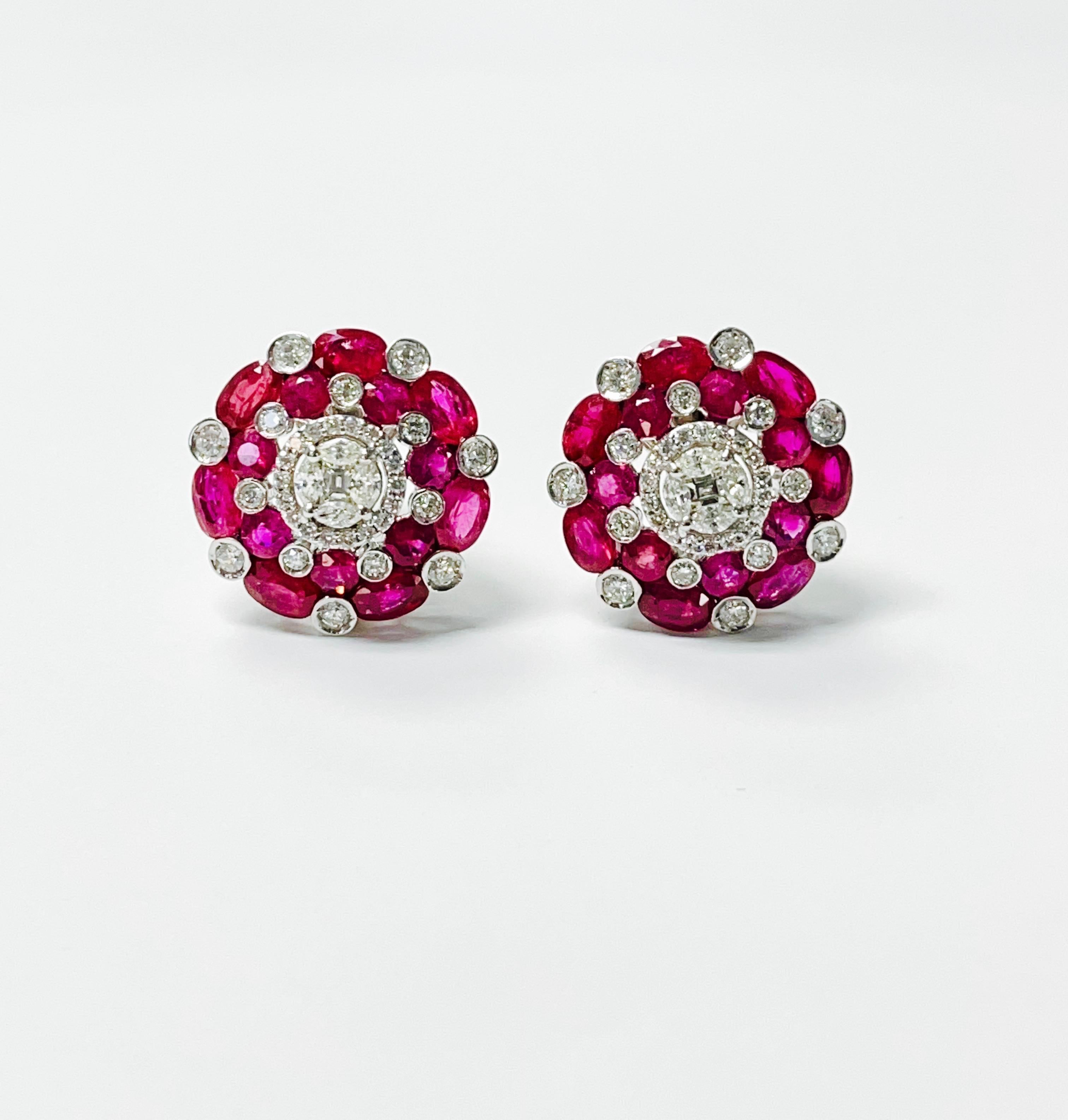 Contemporary Ruby and Diamond Stud Earrings in White Gold For Sale