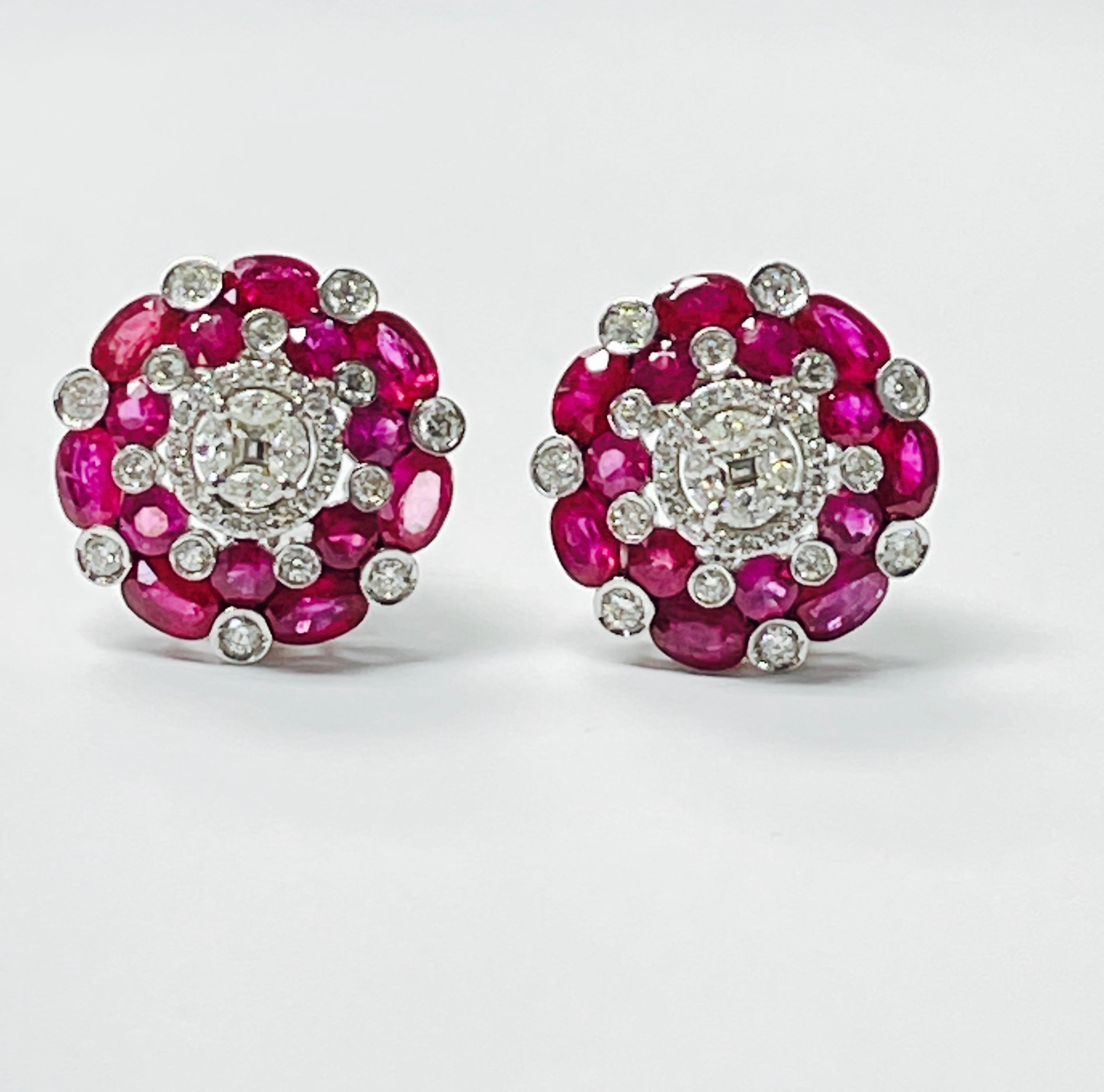 Oval Cut Ruby and Diamond Stud Earrings in White Gold For Sale