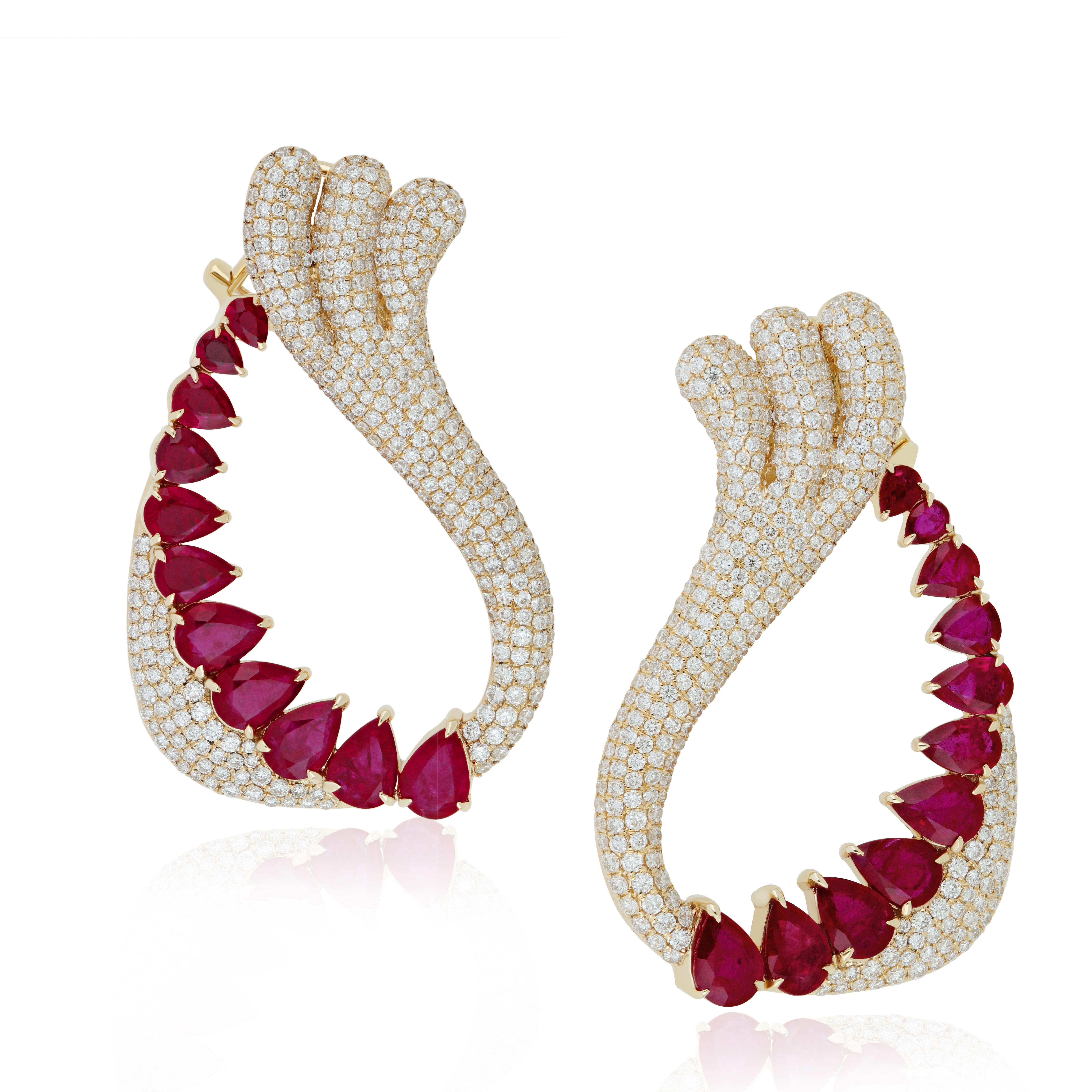 Women's Ruby and Diamond Studded Earrings in 14K Yellow Gold For Sale
