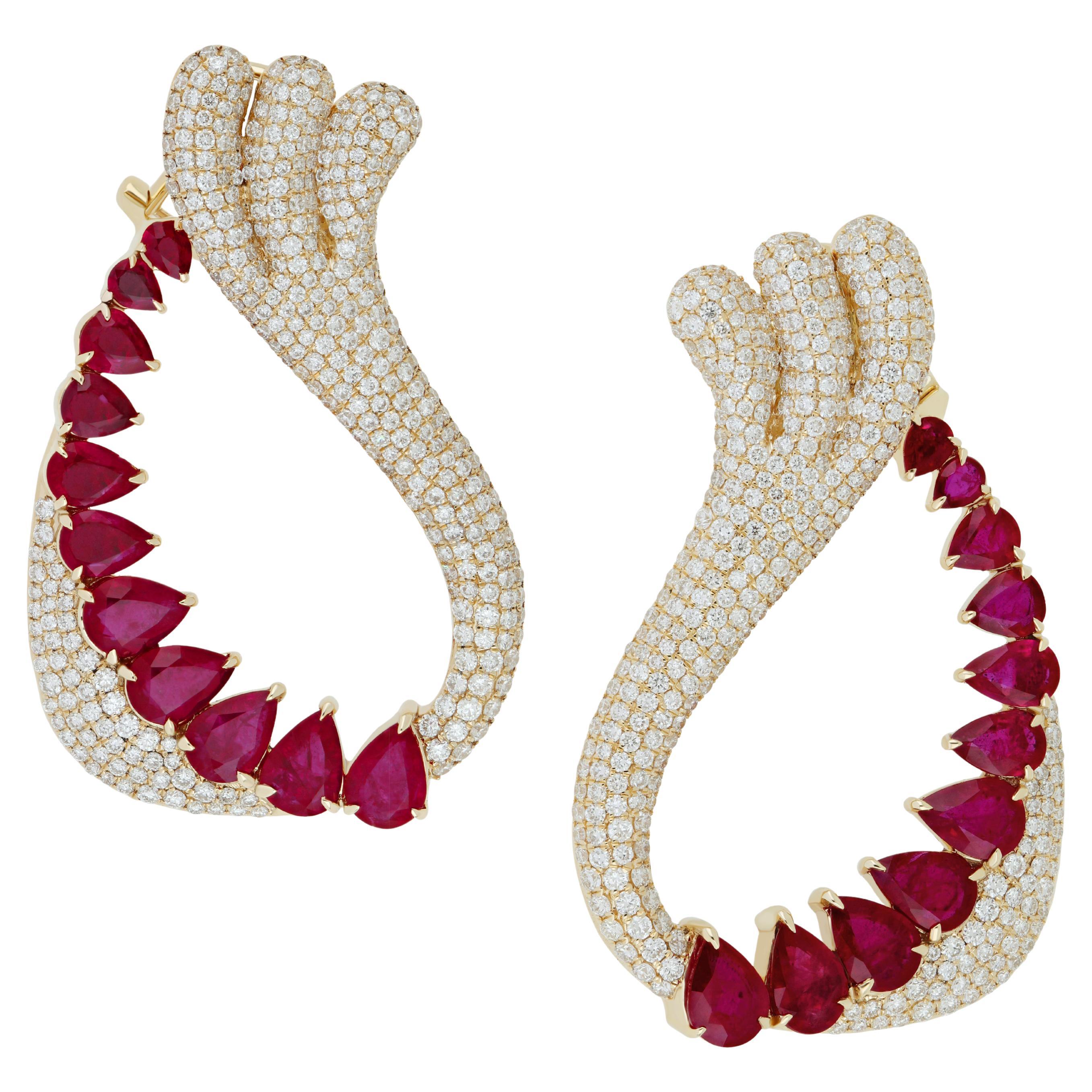 Ruby and Diamond Studded Earrings in 14K Yellow Gold For Sale