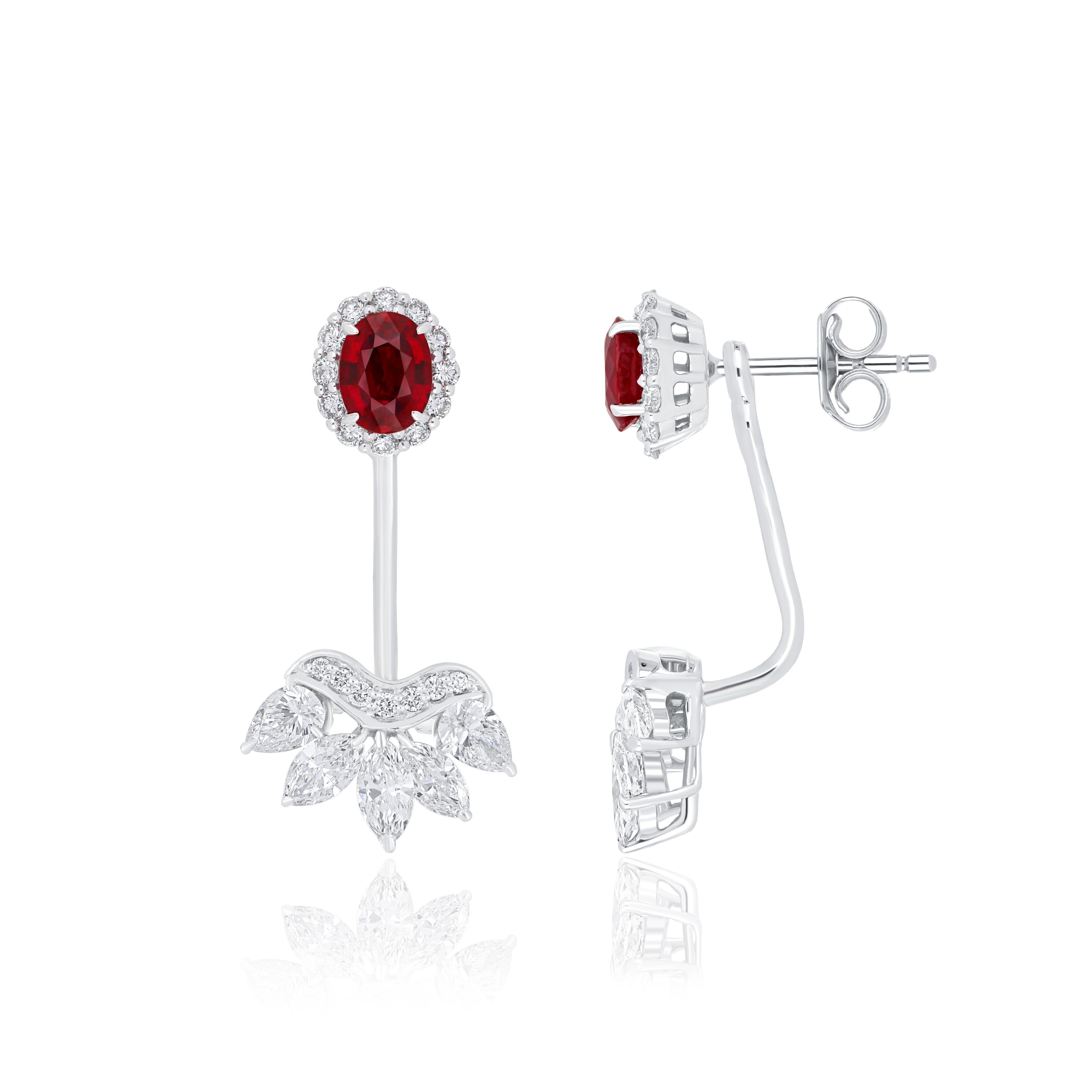 Oval Cut Ruby and Diamond Studded Earrings in 18 Karat White Gold For Sale