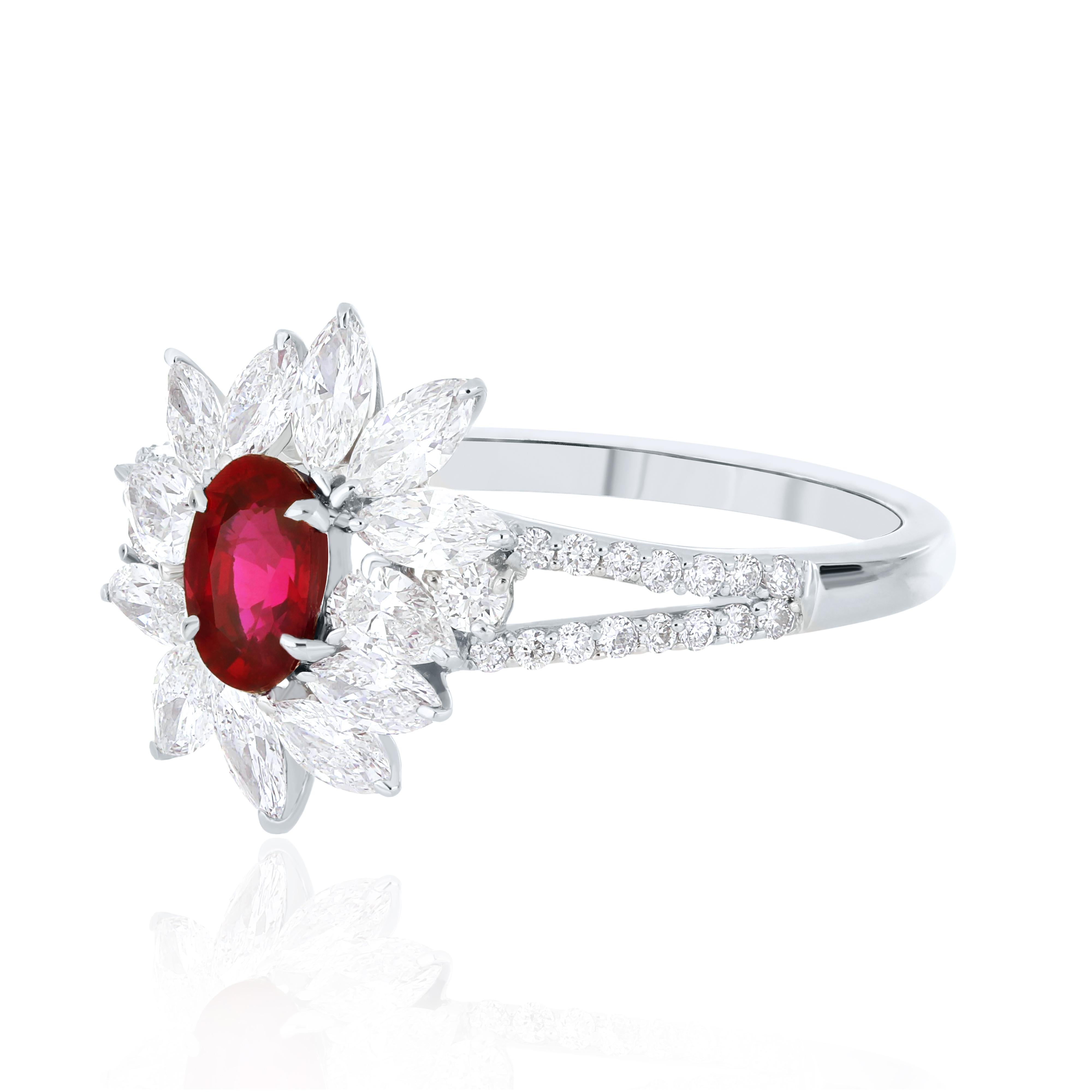 Oval Cut Ruby and Diamond Studded Ring in 18 Karat White Gold Handcraft Jewelry Ring For Sale