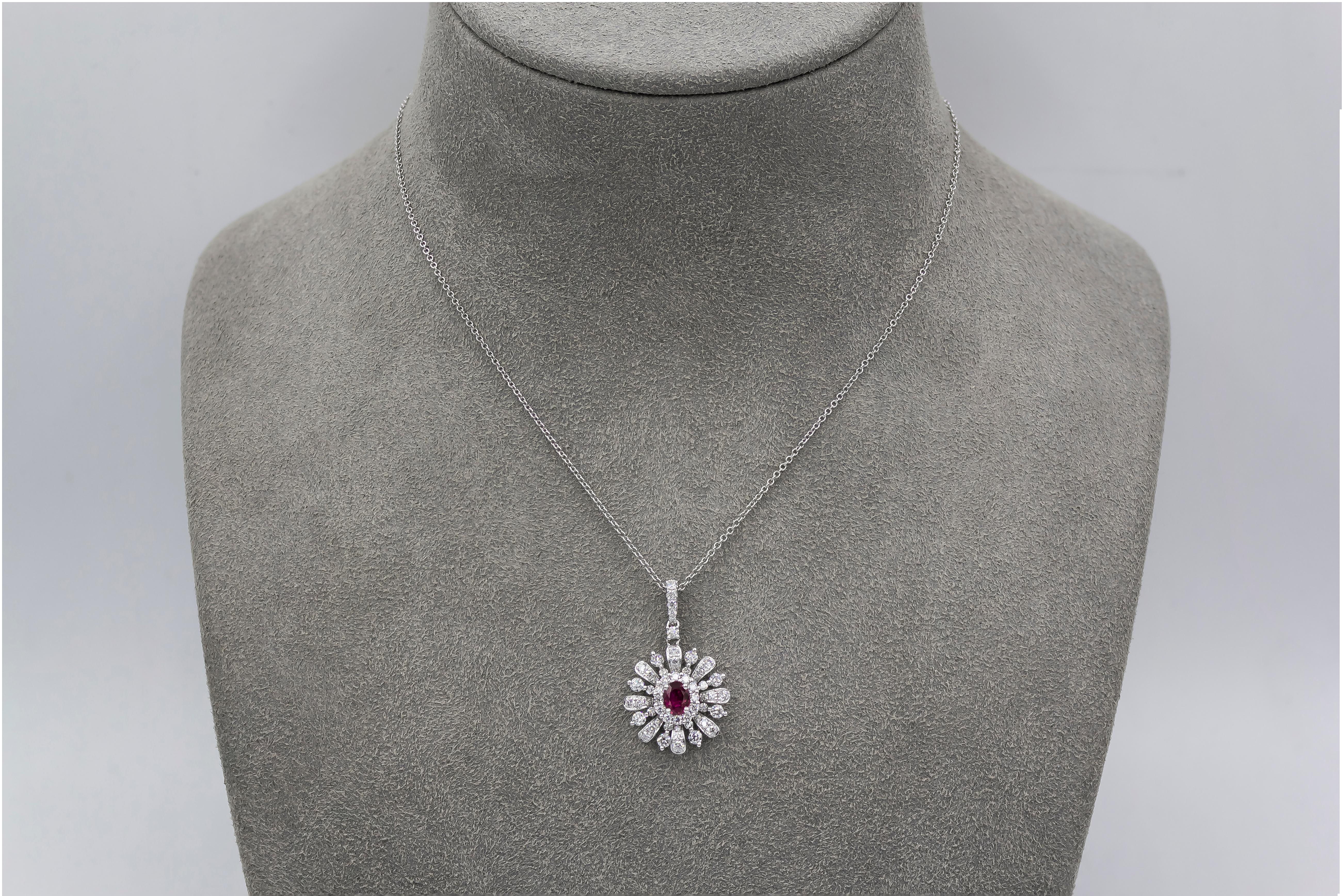 Roman Malakov 0.32 Carats Oval Cut Ruby with Round Diamonds Pendant Necklace In New Condition For Sale In New York, NY