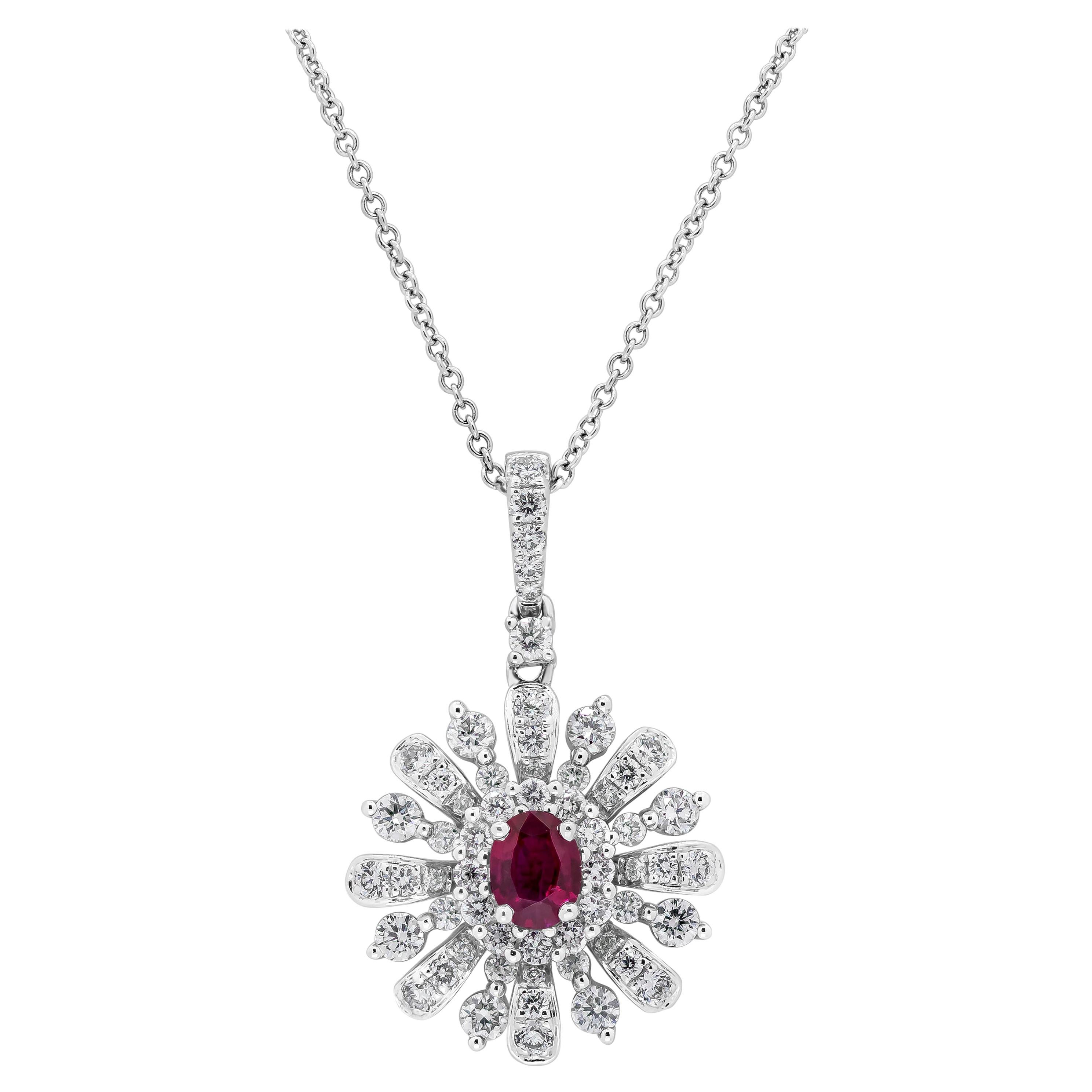 Roman Malakov 0.32 Carats Oval Cut Ruby with Round Diamonds Pendant Necklace For Sale