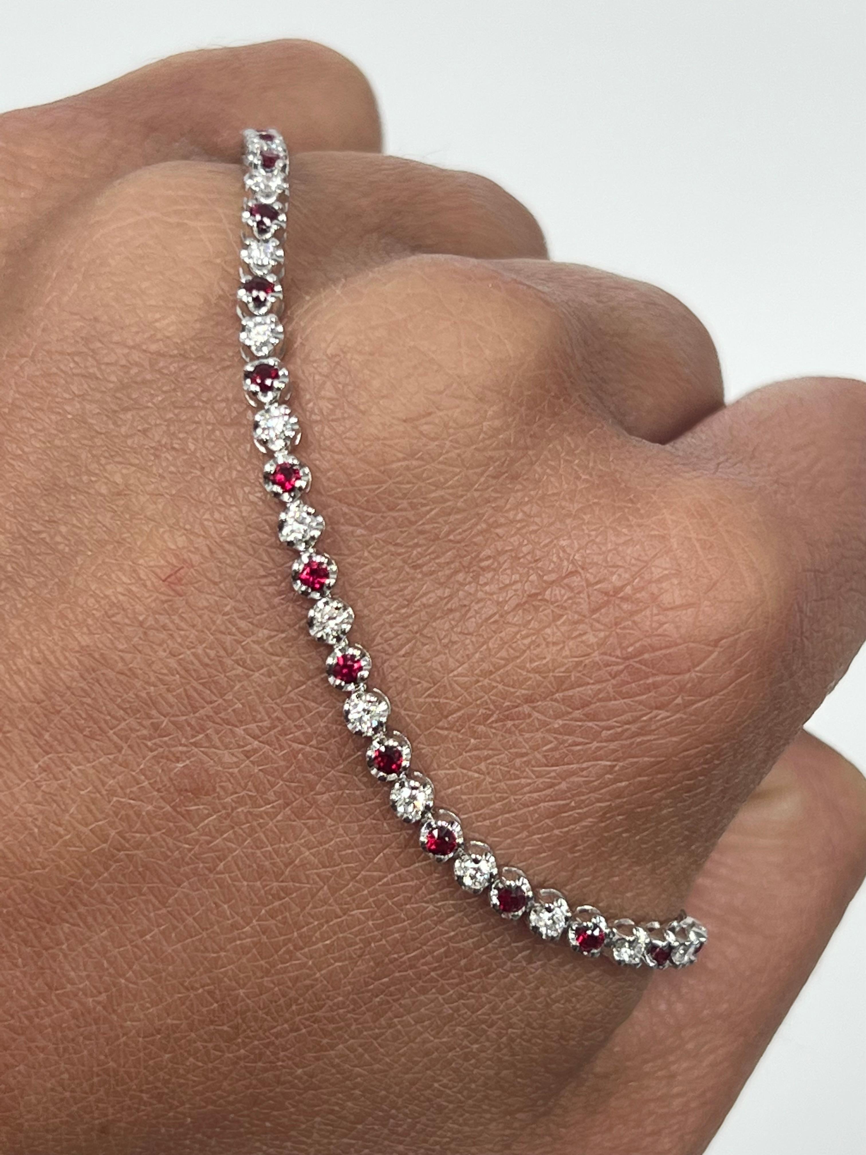 Round Cut Ruby and Diamond Tennis Bracelet For Sale