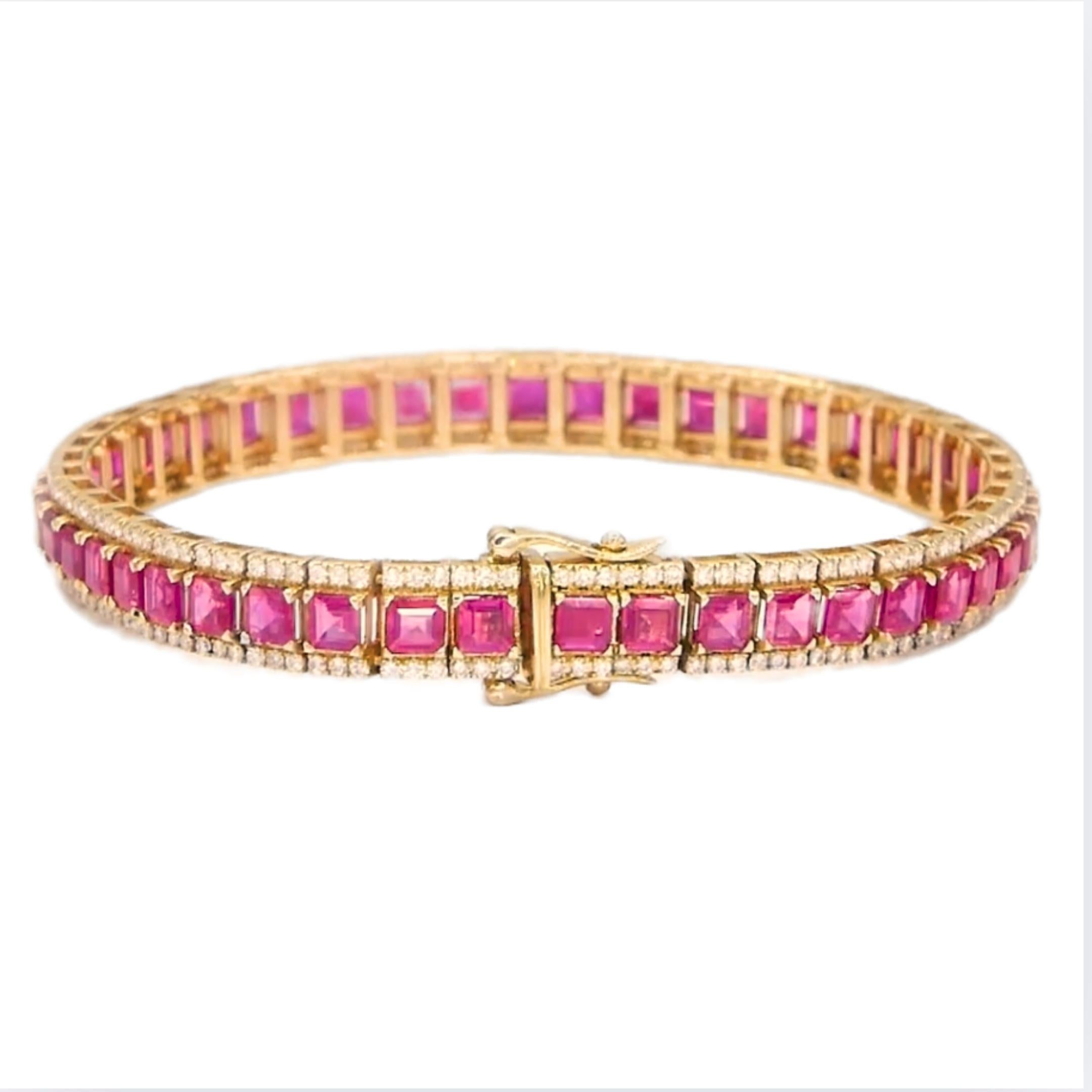 Ruby and Diamond Tennis Bracelet Statement 18K Yellow Gold en Nuevo estado para la venta en Bangkok, TH