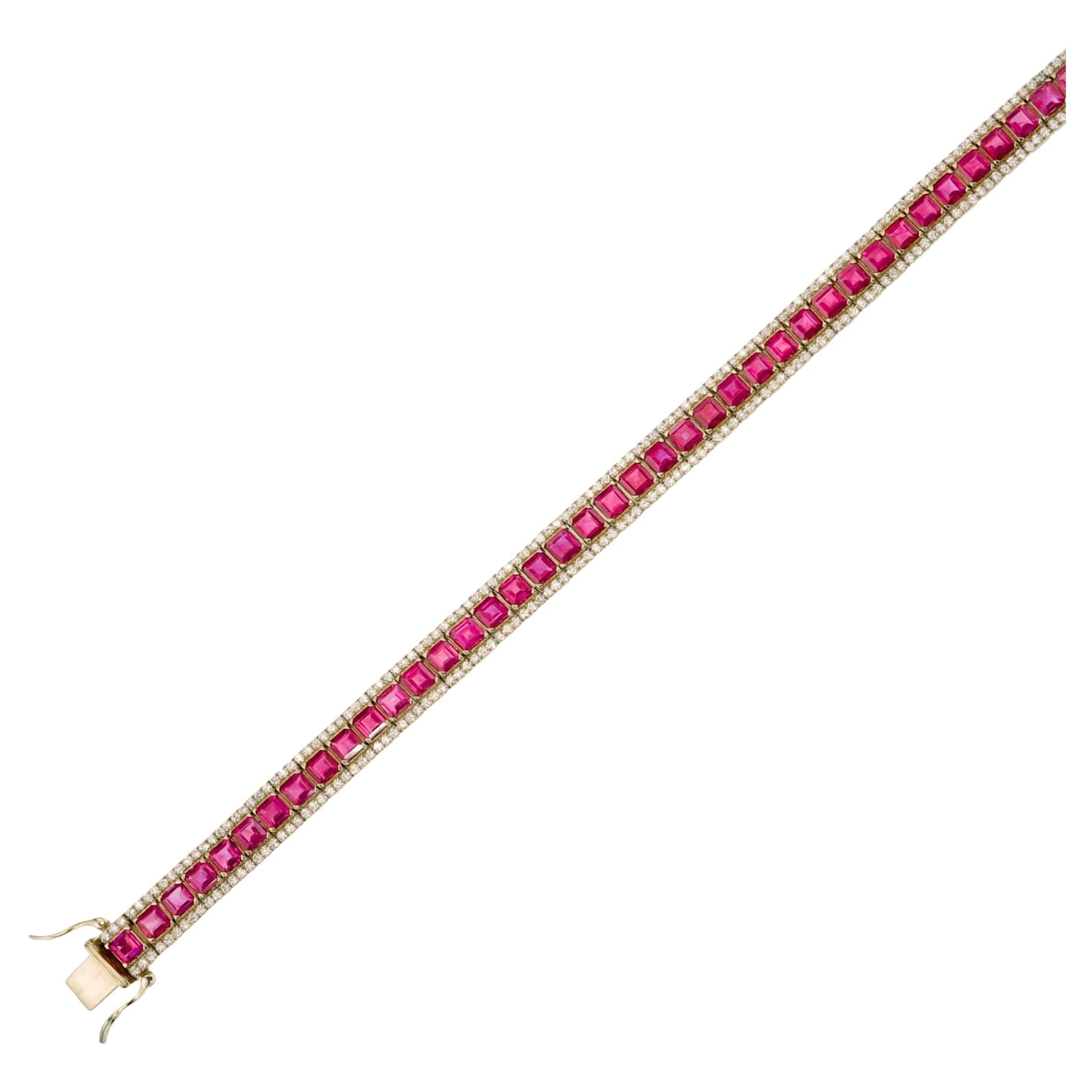 Ruby and Diamond Tennis Bracelet Statement 18K Yellow Gold en venta