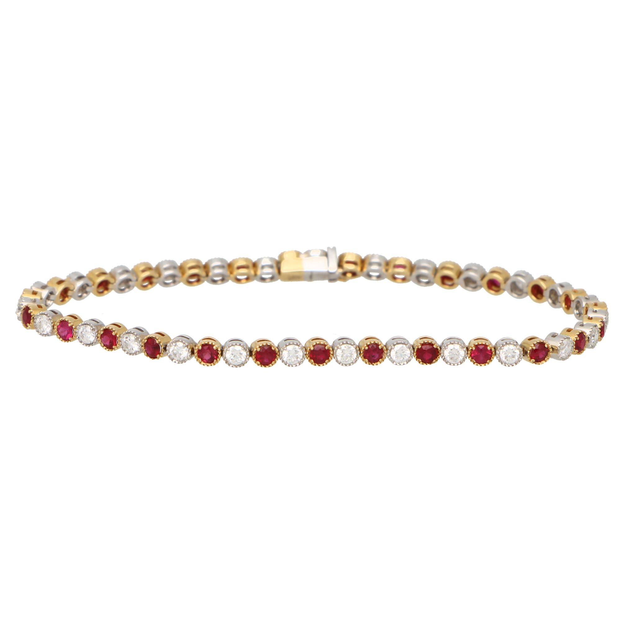Round Cut Ruby and Diamond Tennis Line Bracelet Set in 18k Yellow and White Gold For Sale