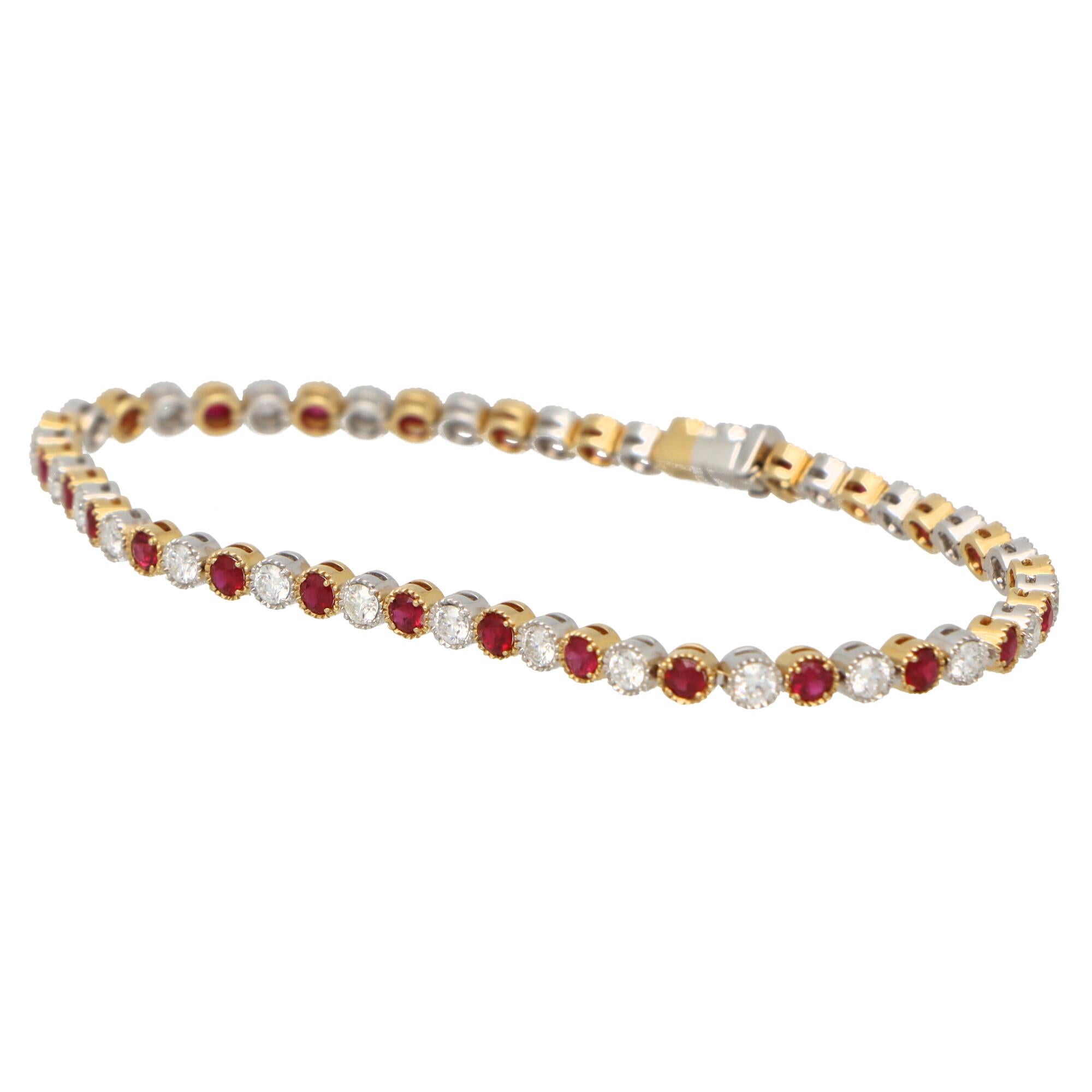 Ruby and Diamond Tennis Line Bracelet Set in 18k Yellow and White Gold In Good Condition For Sale In London, GB