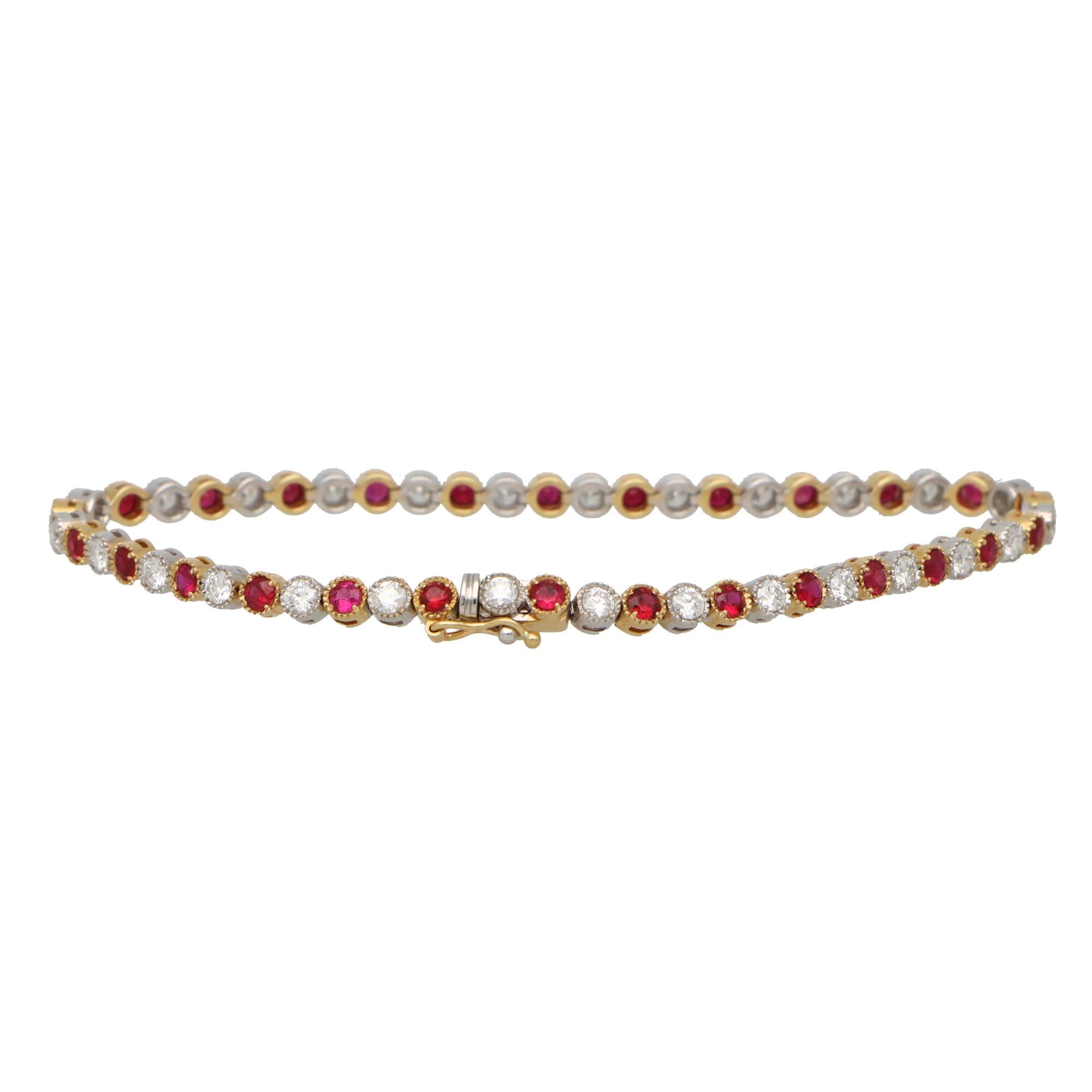 Women's or Men's Ruby and Diamond Tennis Line Bracelet Set in 18k Yellow and White Gold For Sale