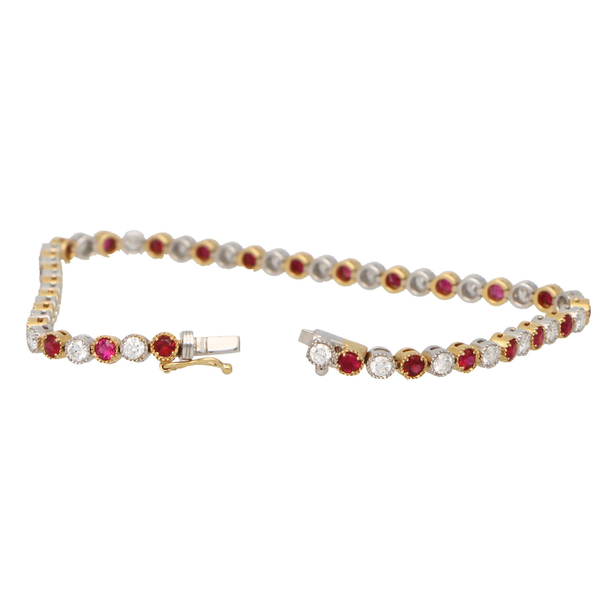 Ruby and Diamond Tennis Line Bracelet Set in 18k Yellow and White Gold For Sale 1